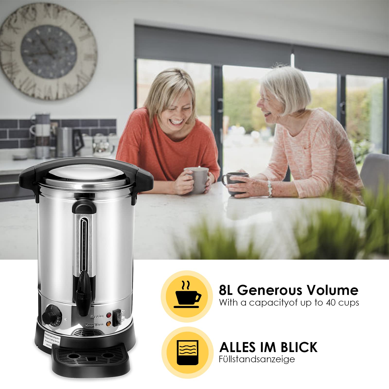 Randaco Bouilloire à vin chaud en acier inoxydable, avec bac récupérateur, robinet, régulateur de température de 30 à 110 °C, distributeur automatique