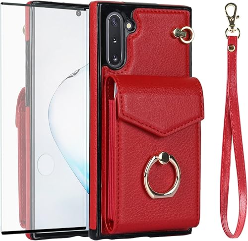 Miniatura 1 de Asuwish Funda de teléfono para Samsung Galaxy Note 10 5G con protector de pantalla de vidrio templado y anillo de bloqueo RFID, tarjetero de cuero