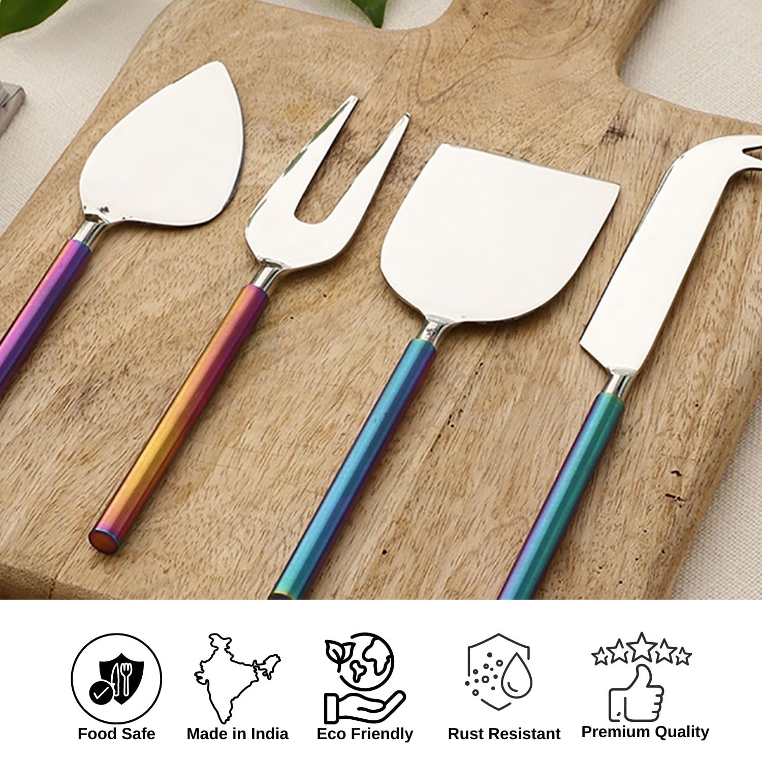VarEesha ColorSplash Rainbow Handles Steel Glossy Steel Heads Stainless Steel Cheese Knives Set | Set of 4 Pieces Cheese Knives, Stainless Steel Cheese Spreader,Slicer,Prongs,Fork 4