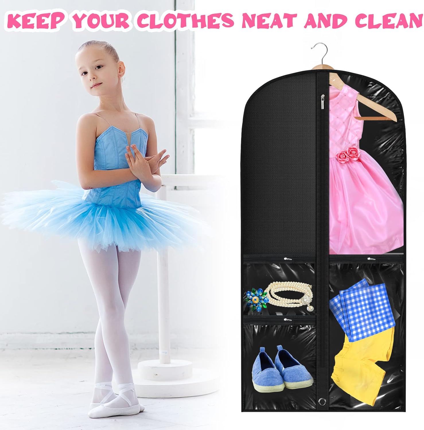 Woanger 6 Pcs Garment Bags for Dance Costumes Clear PVC with Zippers Garment Bag with Pockets Dance Costume Organizer Carrier for Storage Cover for Adult(Black,20'' X 40'')