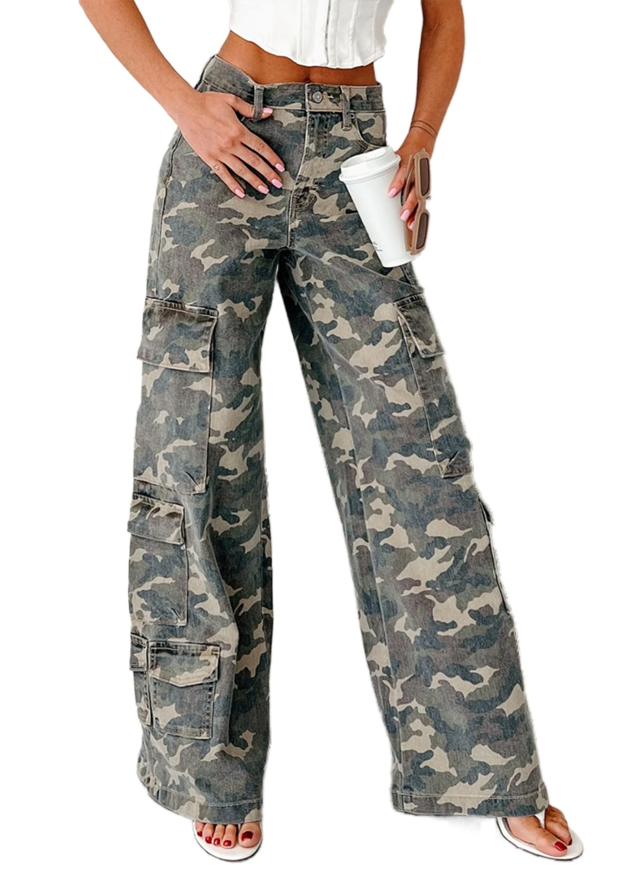 Women Casual Camo Cargo Pants igh Waist Baggy Wide Leg Camouflage Army Fatigue Jean Trousers Pockets Sweatpants Joggers