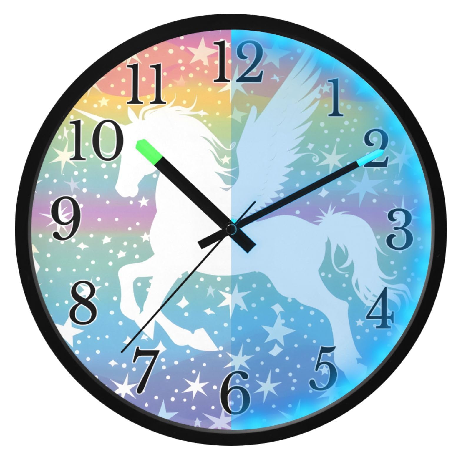 Mnsruu Reloj de pared luminoso con alas de unicornio y estrellas, reloj de dormitorio, funciona con pilas, reloj silencioso que brilla en la oscuridad, para sala de estar, cocina, 12 pulgadas