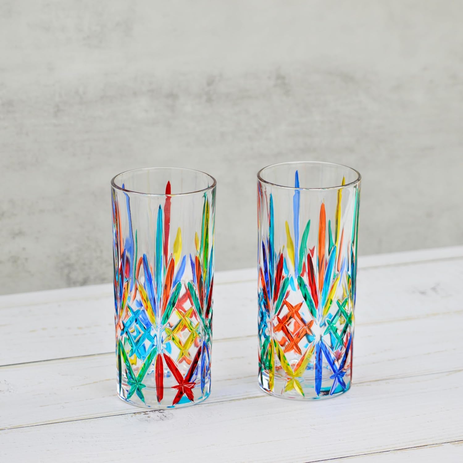 Italian Crystal Tall Drinking Glasses, SET OF 2, Melodia Design, Multi-Colored, 12 oz Glasses, Hand-Painted Italian Crystal, Tumblers, Beer Glasses, Luxury Bar Glass, Whiskey, Soda, Tea, Made In Italy