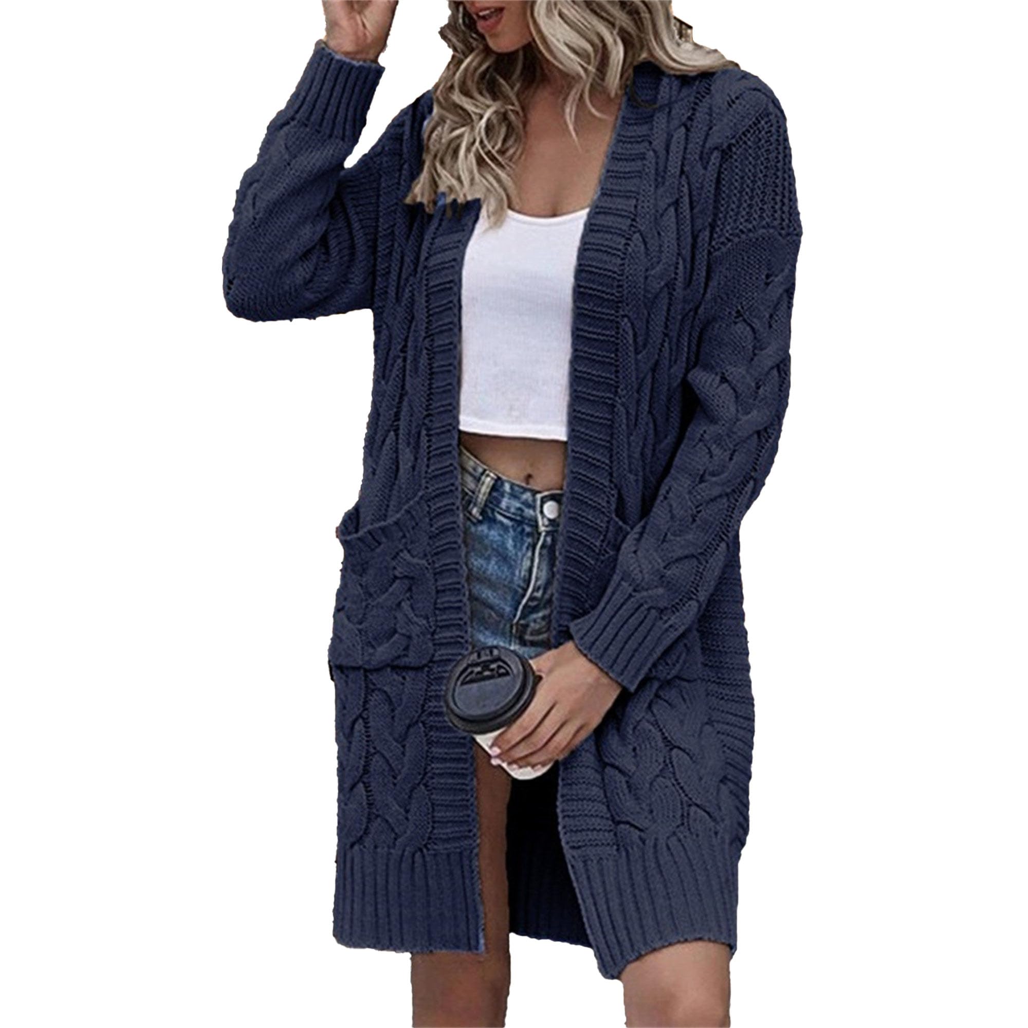 Long Sleeve Cardigan for Women Fall Chunky Cable Knit Open Front Sweaters Lightweight Loose Outwear with Pockets (X-Large,Dark Blue)