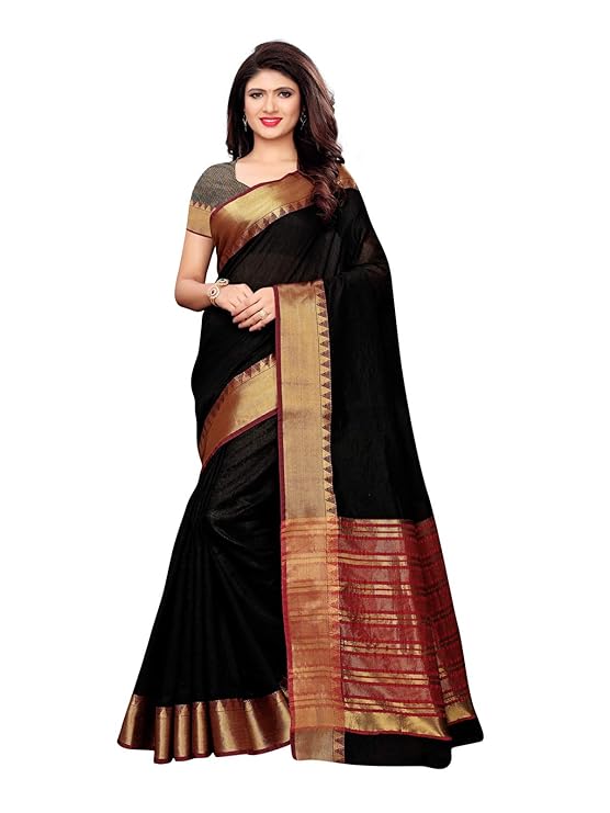 Satrani Women Cotton Saree(1042ST126_Black_One Size)
