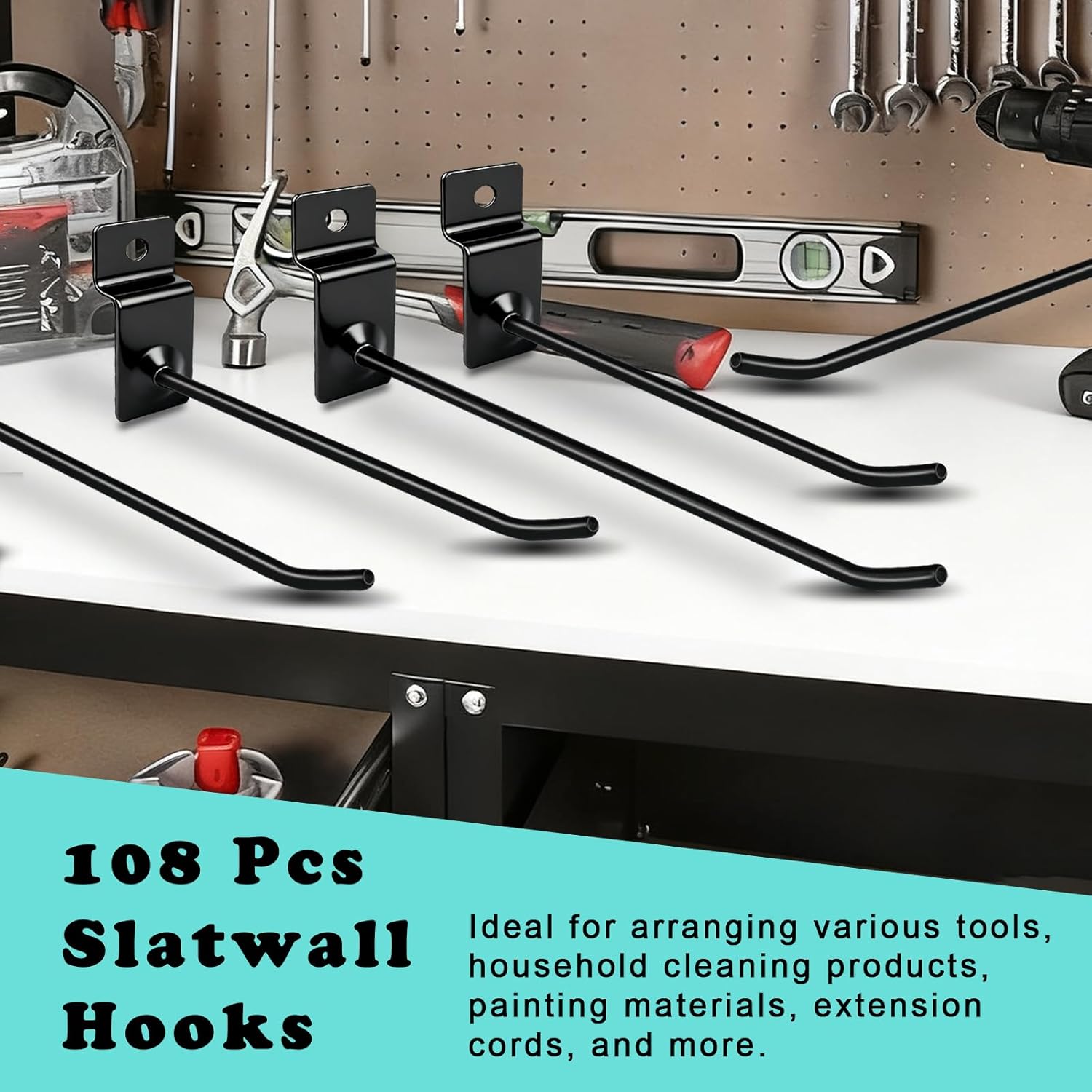 108 Pcs Slatwall Hooks 6 and 8 Inch Black Metal Hangers Heavy Duty Hanging Shelf Brackets Slat Board Peg Accessories Panel Display Hooks for Retail Display Garage Shop