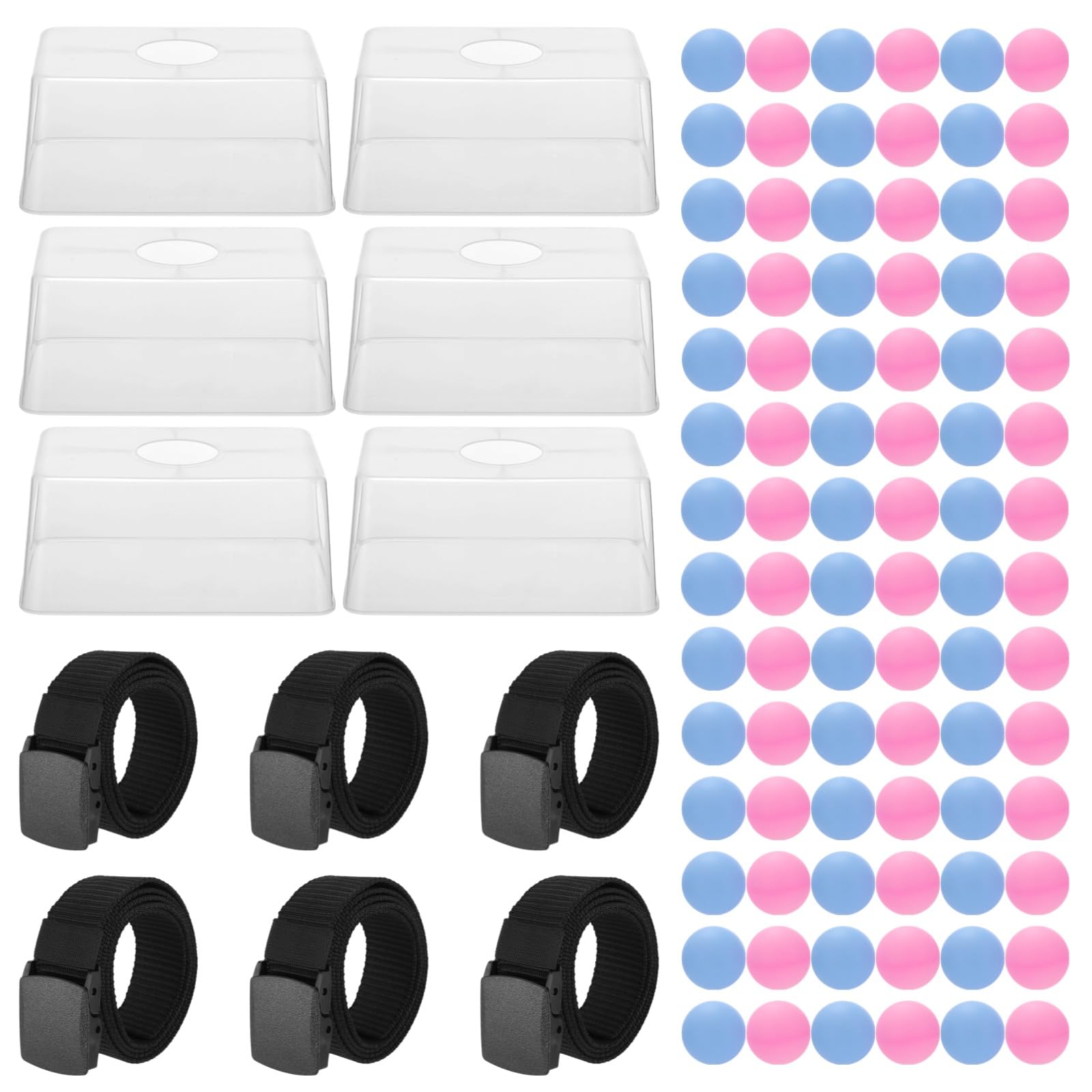 Juego de 6 juegos de pelota de rebote, desafío de rebote de cadera agitada, cajas transparentes, cinturones ajustables, 100 bolas rosas y azules, juego de fiesta interactivo para despedida de
