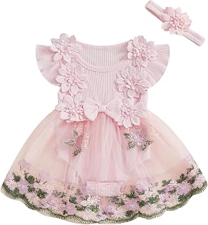 Carolilly - Ropa de bebé recién nacido de verano de 2 piezas, mameluco de manga corta con falda de encaje floral + diadema...
