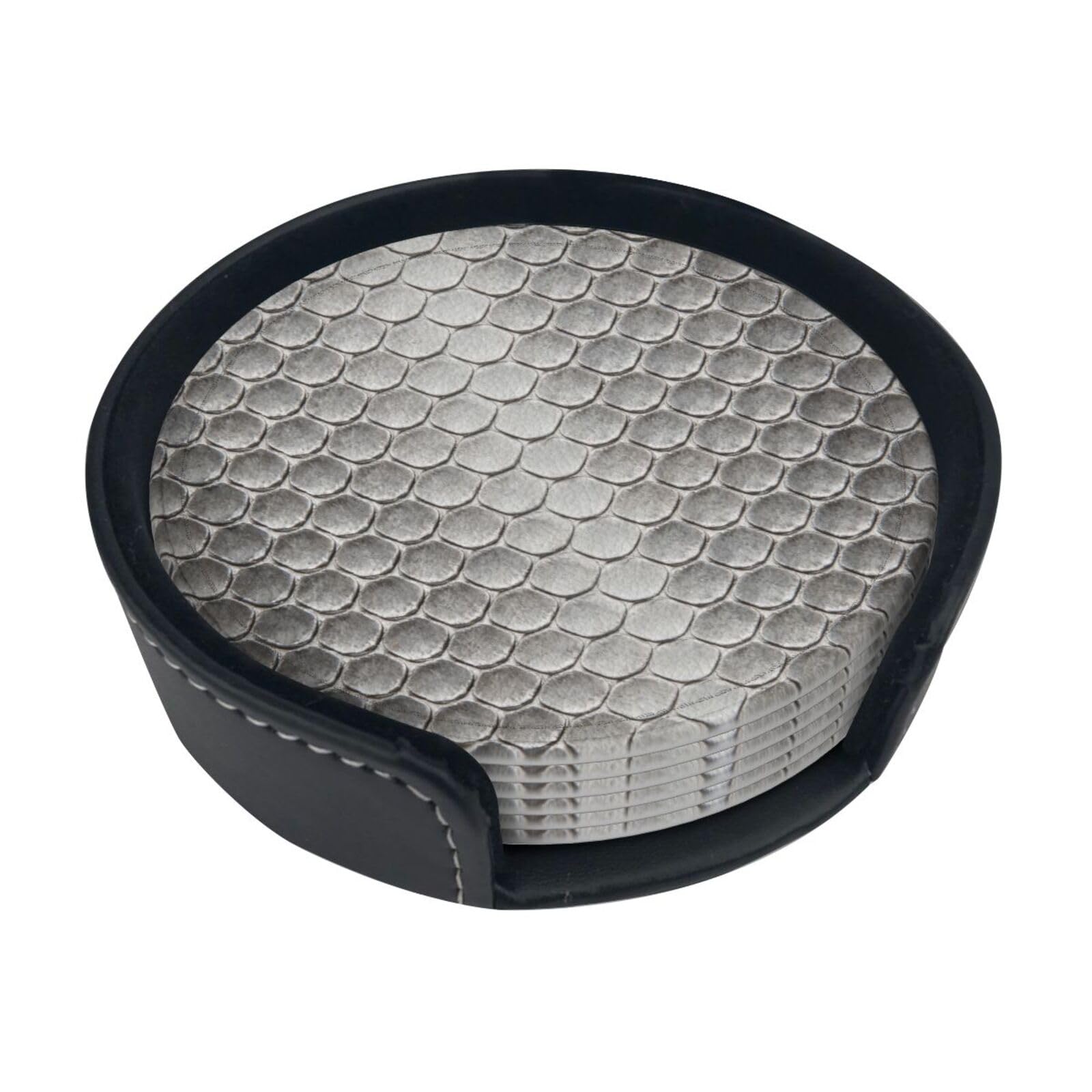 Cntdbu White Gray Snakeskin Scale Leather Coasters Set Of 6-Pu Leather Drink Mats For Table, Heat Resistant Round Coasters With Holder