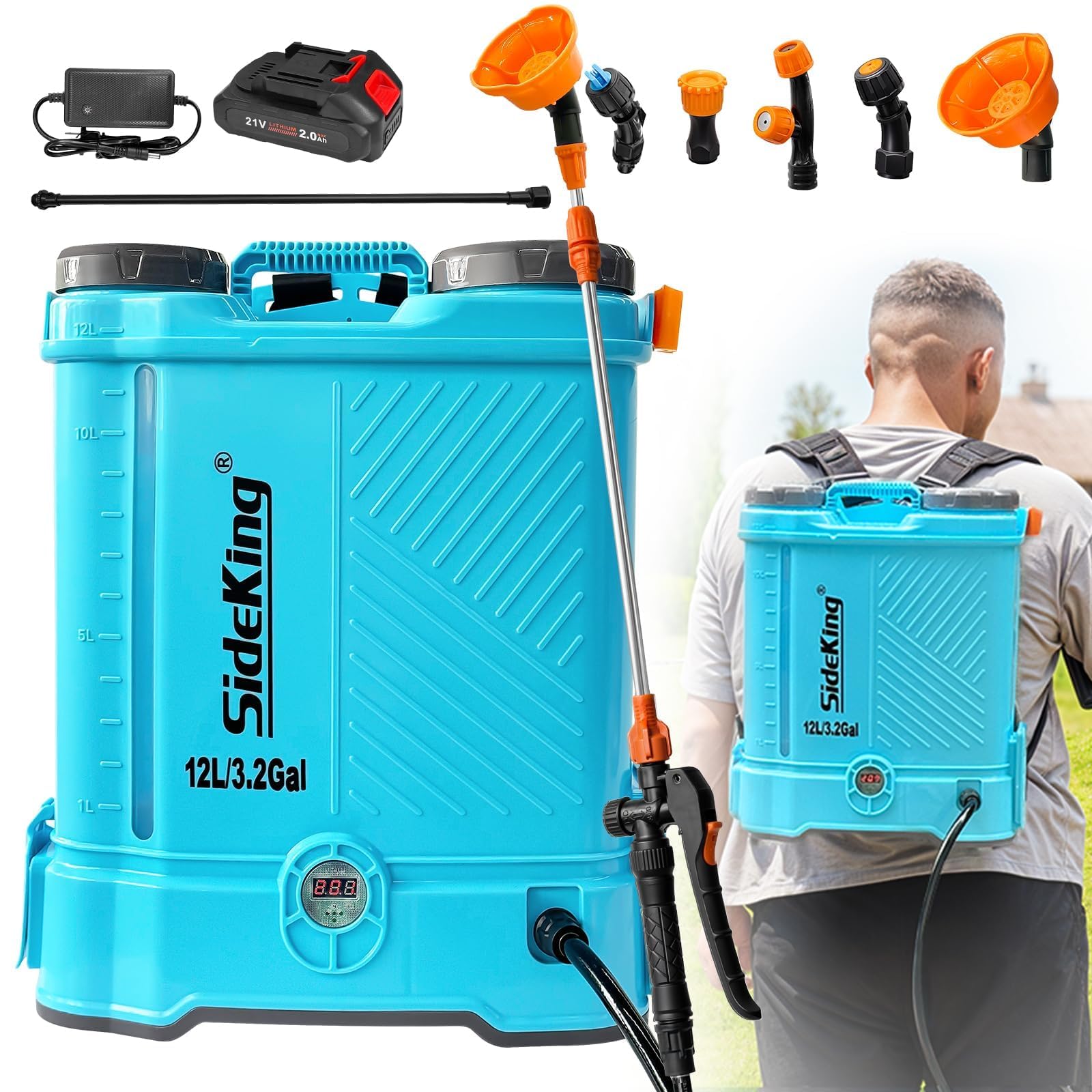 SideKing Knapsack Sprayer 12L, Electric Garden Sprayer Compatible with Makita 18V, Telescopic Wand, 5 Nozzles, 80 PSI Powerful Pressure Sprayer for Gardens, Lawns, Patios, Driveways(Battery Inc)