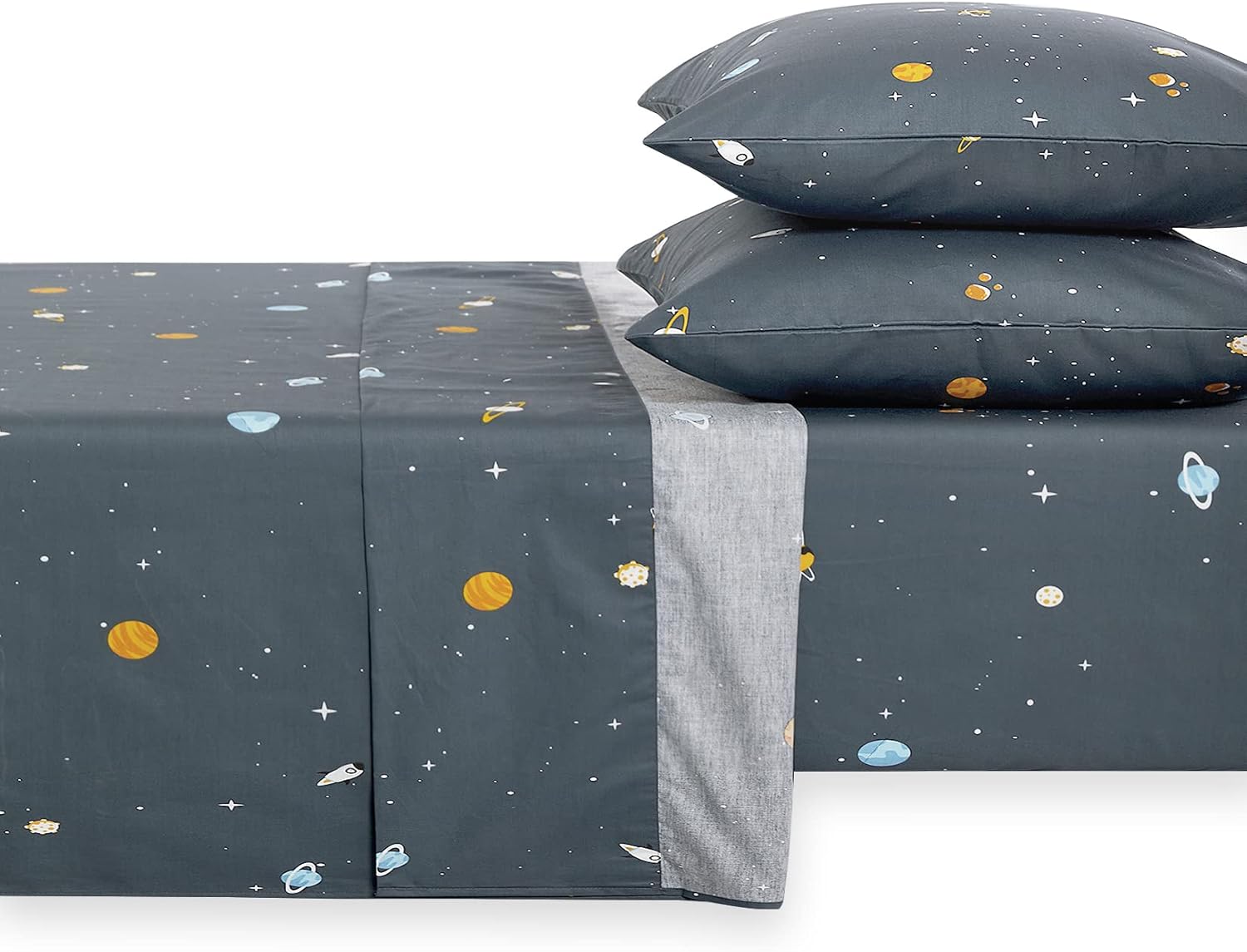 Wake In Cloud - Space Bed Sheets for Boys, 100% Cotton, 4-Piece Sheet Set Kids, Galaxy Celestial Stars Rockets Planets Pattern Printed Bedding, Deep Pocket, Gray, Twin Size
