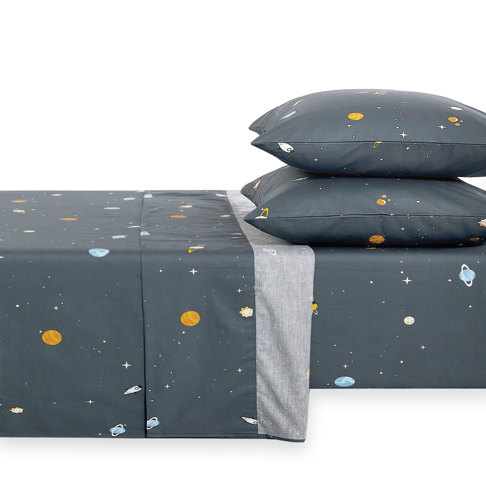 Wake In Cloud - Space Bed Sheets for Boys, 100% Cotton, 4-Piece Sheet Set Kids, Galaxy Celestial Stars Rockets Sun Moon Pattern Printed Bedding, Deep Pocket, Gray, Twin Size