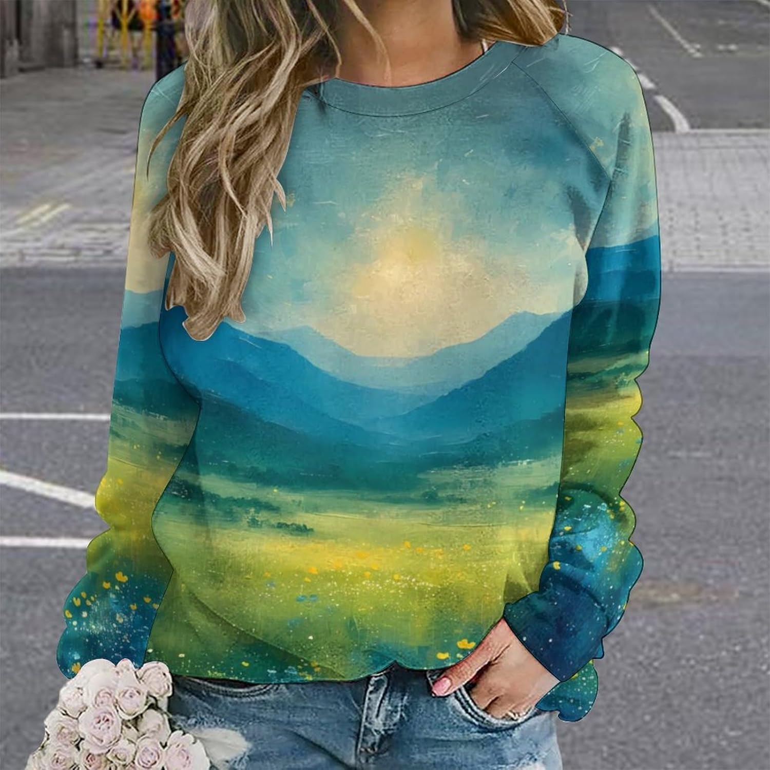 LOAIHA Women's Floral Printed Sweatshirt Long Sleeve Crewneck Hoodies FLower Sweaters Graphic T Shirts Pullover Ladies Tops - Image 2