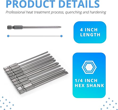 Miniatura 4 de VESTTIO Juego de puntas de destornillador largo ranuradas SL3 SL4 SL5 SL6 Phillips PH1 PH2 10 piezas vástago hexagonal de 14 de pulgada de 4