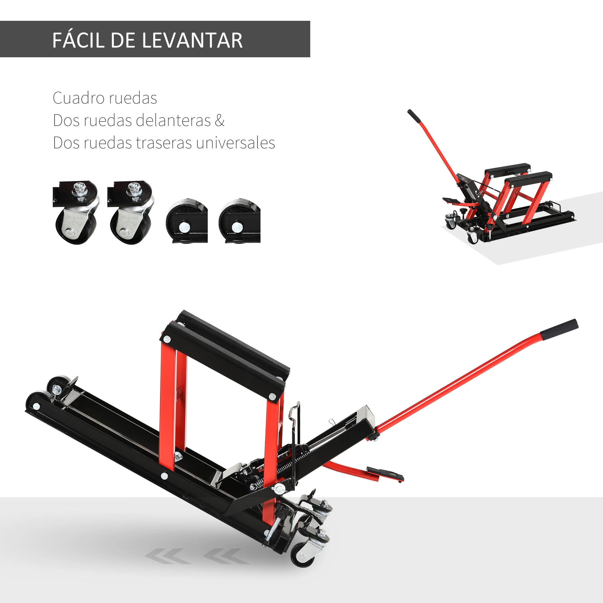 DURHAND Gato Hidráulico de Motocicletas Soporte 680 kg Elevador ATV para Garaje Pista Altura Ajustable 24-36 cm con Plataforma Almohadilla Antideslizante de Alta Resistencia 110x36x67 cm Negro y Rojo