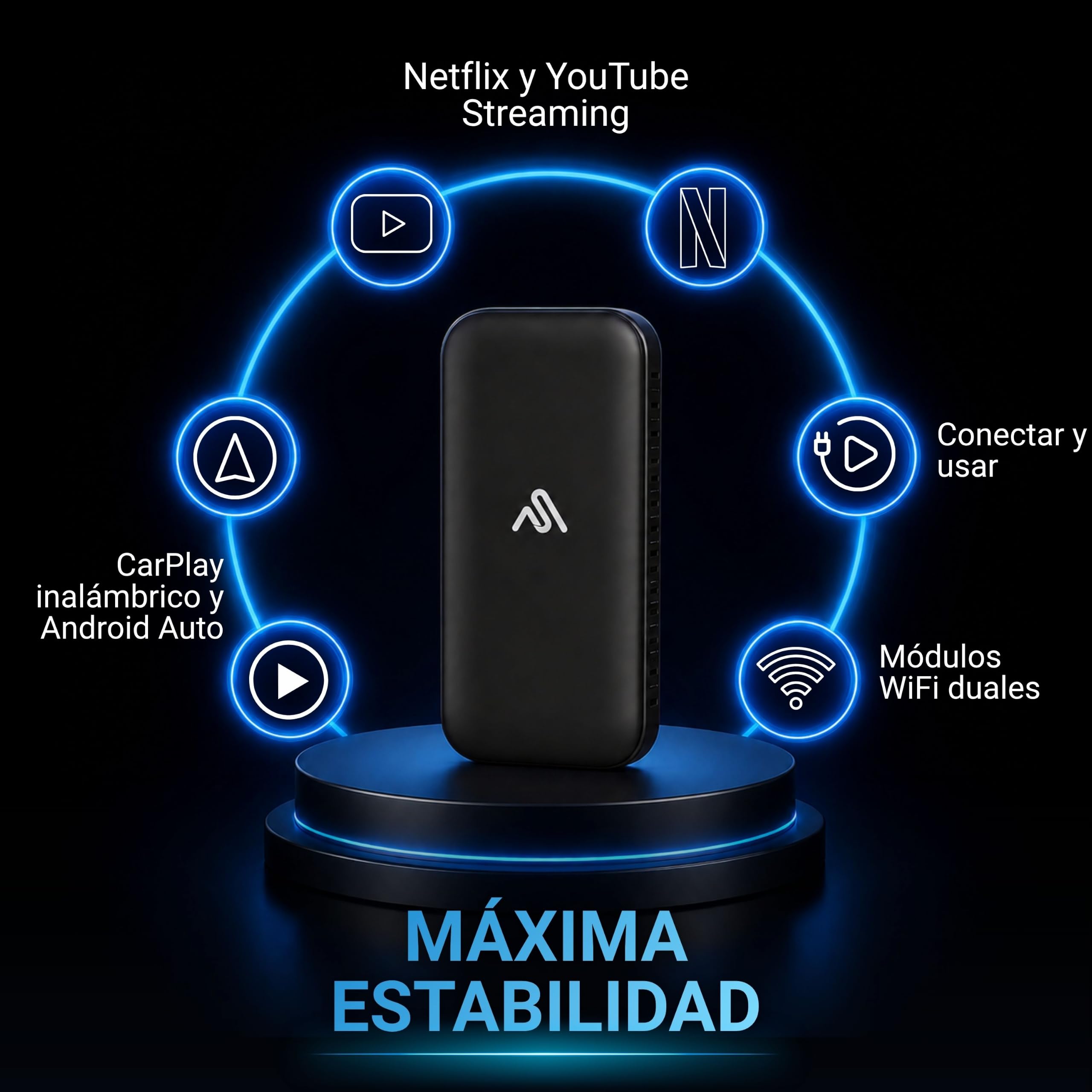 AutoSky CarPlay inalámbrico y Android Auto AI Box Lite Plus 2.0 para Coches CarPlay con Cable de fábrica 2024, Compatible con Netflix y Youtube, Go Wireless CarPlay y Android Auto. Requiere CarPlay