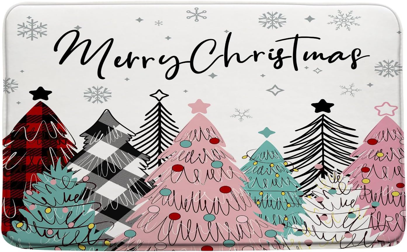 Merry Christmas Bath Mat Pink Xmas Trees Cute Winter Snowflake Buffalo Plaid Bathroom Bathtub Floor Area Rugs Doormat Toilet Decor(24x47 in)