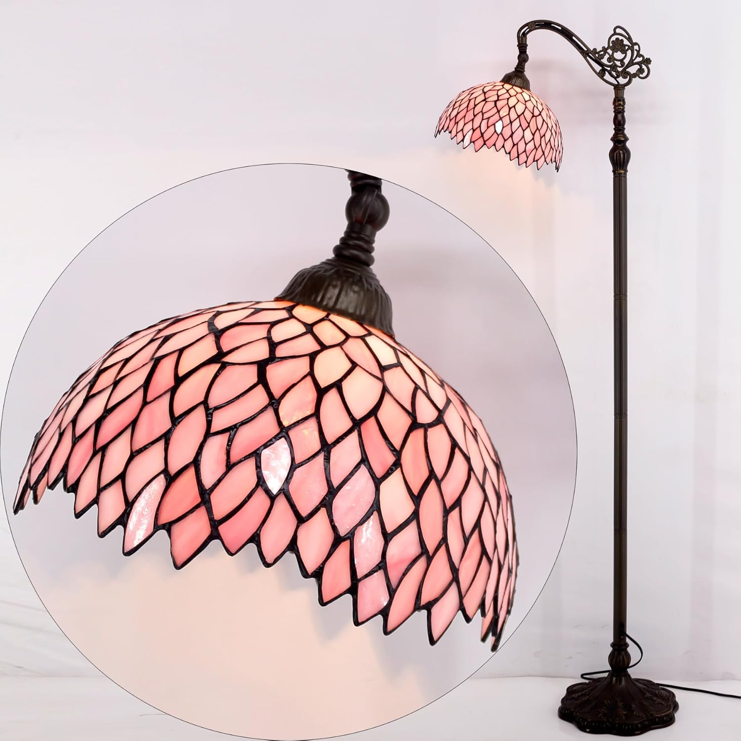 WERFACTORY Tiffany Floor Lamp Pink Stained Glass Wisteria Light 12X18X64 Inches Pole Torchiere Standing Corner Torch Uplight Decor Bedroom Living Room Home Office S523P Series