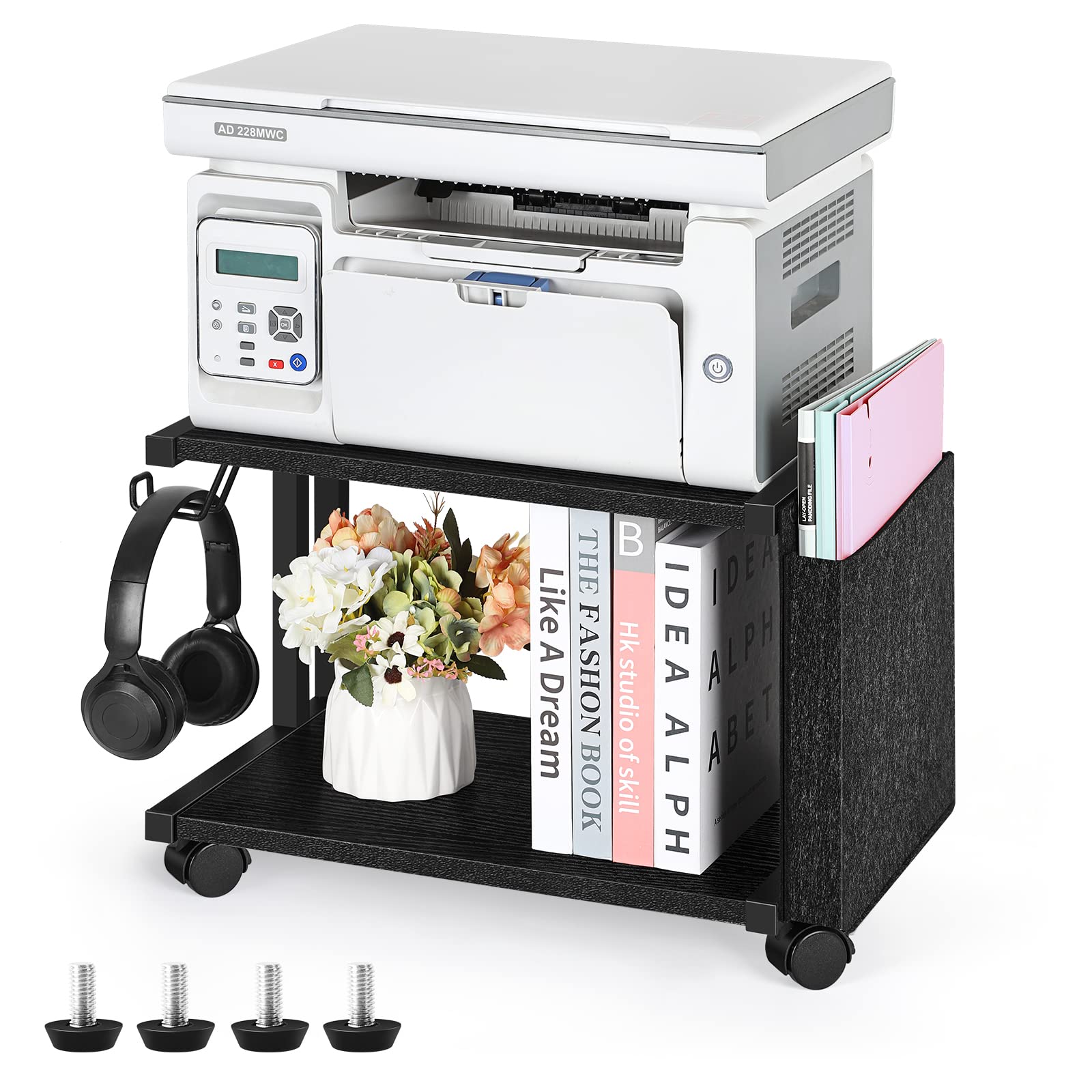 Photo 1 of melos Printer Cart, 2-Tier Printer Stand with Storage, Mobile Printer Stand Shelf with Wheels, Under Desk Printer Stand for Fax Machine, Copier, Scanner, Printer, Scanner, Black