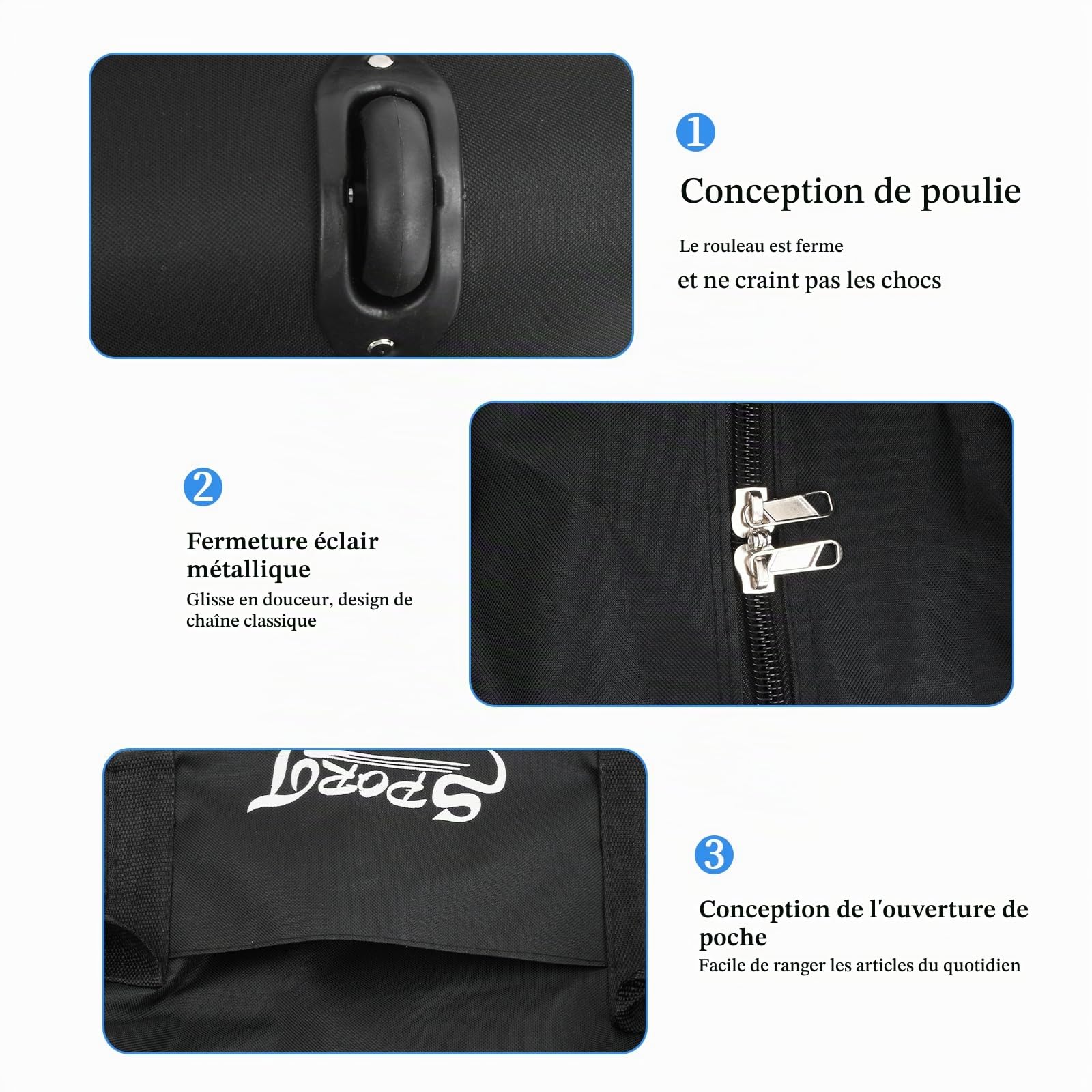 Grand Sac de Voyage à roulettes,120L Grand Imperméable Sac de Sport,Sac Pliable Weekender pour Homme Femme,Sacs à Bagages de Stockage pour Camping Voyage,80x40x40cm (Noir)