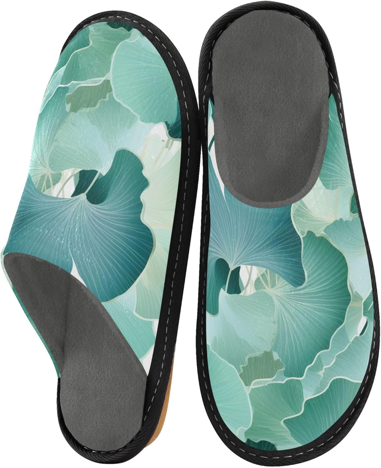 Ginkgo Biloba Green Leaf House Slippers – Cozy Fuzzy Slippers for Guests, Washable & Disposable, Perfect for Shoeless Home, Spa & Hotel Use A110143