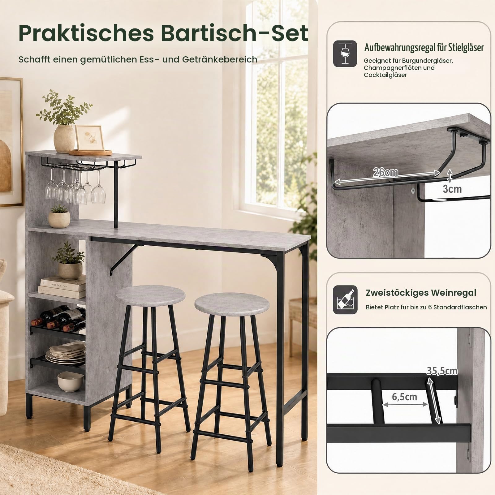 LIFEZEAL Bartisch Set, Tresentisch mit 2 Barhocker, Esstisch Stehtisch mit Weinglashalter & Ablage, Küchentheke Bistrotisch Industrie-Design, Stehtisch für Bar, Bistro & Wohnzimmer (Grau)
