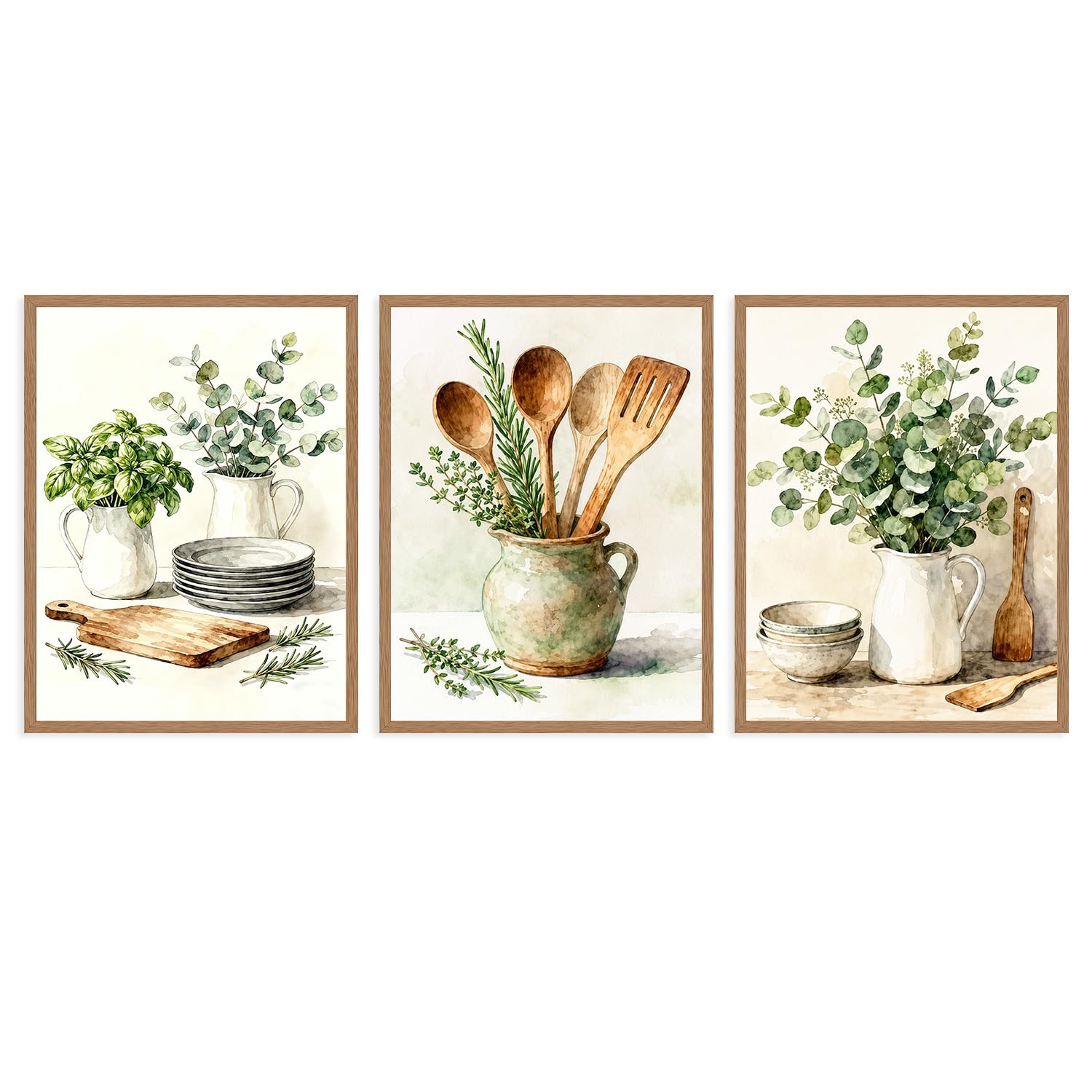 Dazzlewall 3Pcs Watercolor Kitchen Wall Art, Herbs, Utensils & Greens with Plates, for Dining Room Restaurant Decor 12x16 in Unframed