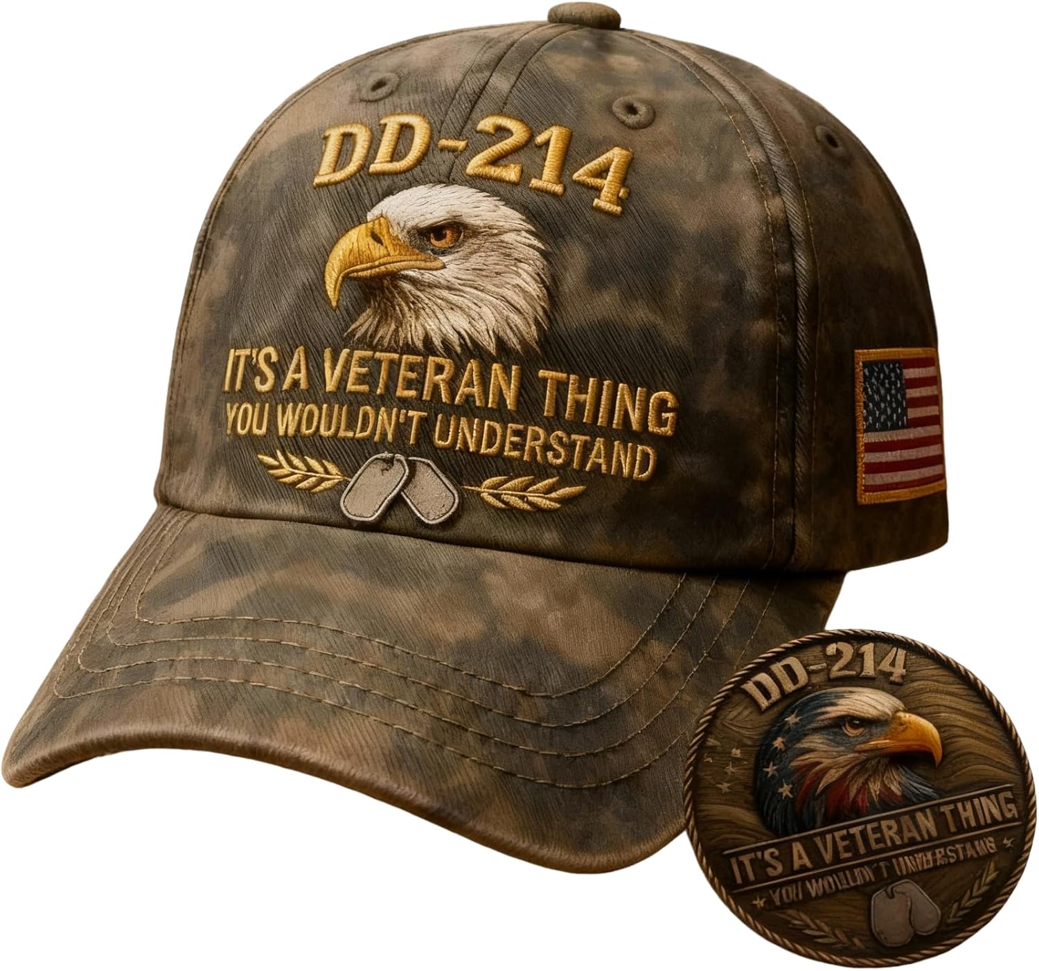 Veteran Pride DD-214 Military Baseball Cap and Commemorative Coin Set, A Gift for Patriotic Retired Soldiers and Veterans Day
