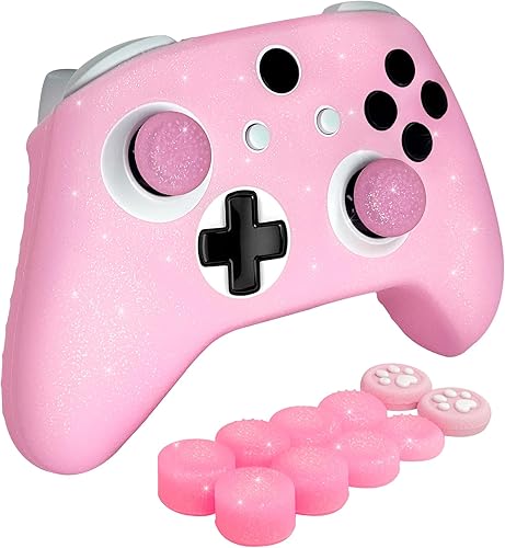 Funda protectora de silicona antideslizante con purpurina rosa compatible con el controlador Xbox ONE SX, 8 tapas de agarre para el pulgar con