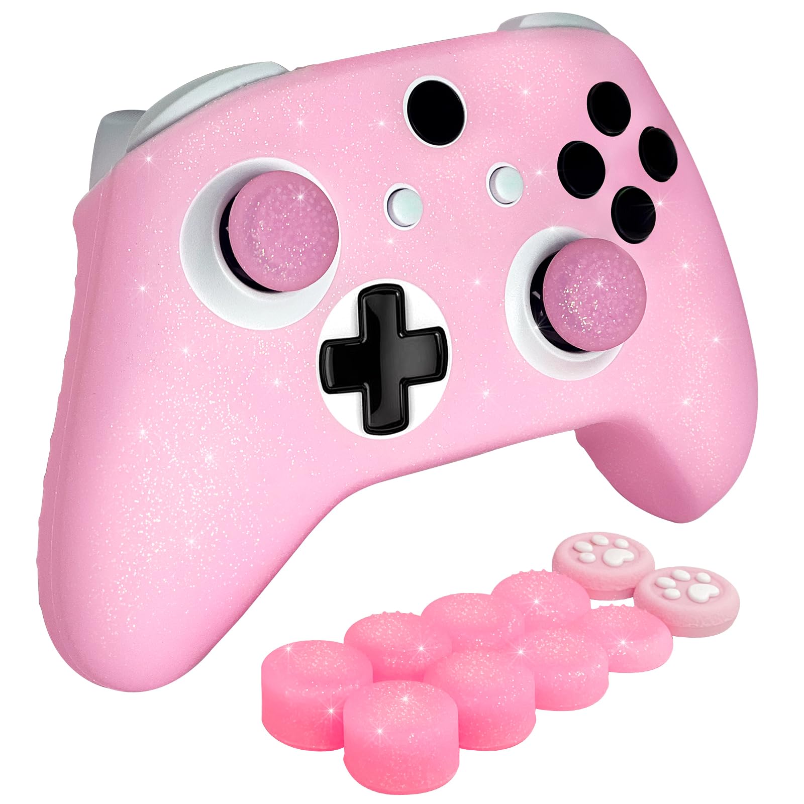 Pink Glitter Anti-Slip Protective Silicone Cover Skin Grips Compatible with Xbox ONE S/X Controller,8 PCS Glitter Thumb Grips Caps and 2 Grips Caps.
