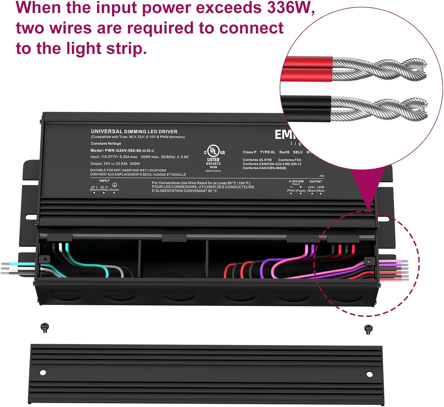 EMITEVER Dimmable Led Driver, 500W AC 110V-277V to DC 24V Transformer, 5-in-1 Dimming: ELV/MLV/TRIAC / 0-10V / 1-10V / 10V PWM/Potentiometer, Waterproof IP67 and UL Listed