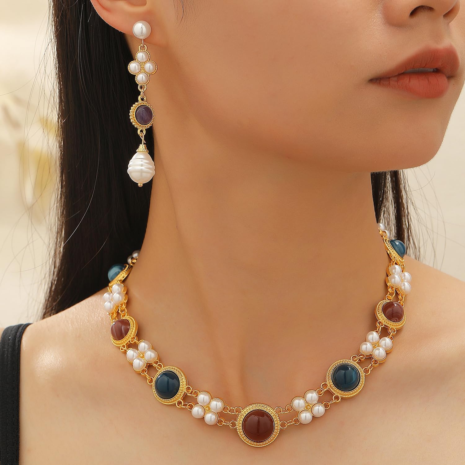 Vintage Jewelry Set for Women Golden Geometry Round Choker Necklaces and Elegance Pearl Long Drop Dangle Earrings Retro Imitation Pearl Colourful Collarbone Chain Medieval Court-Style Jewelry - Image 5