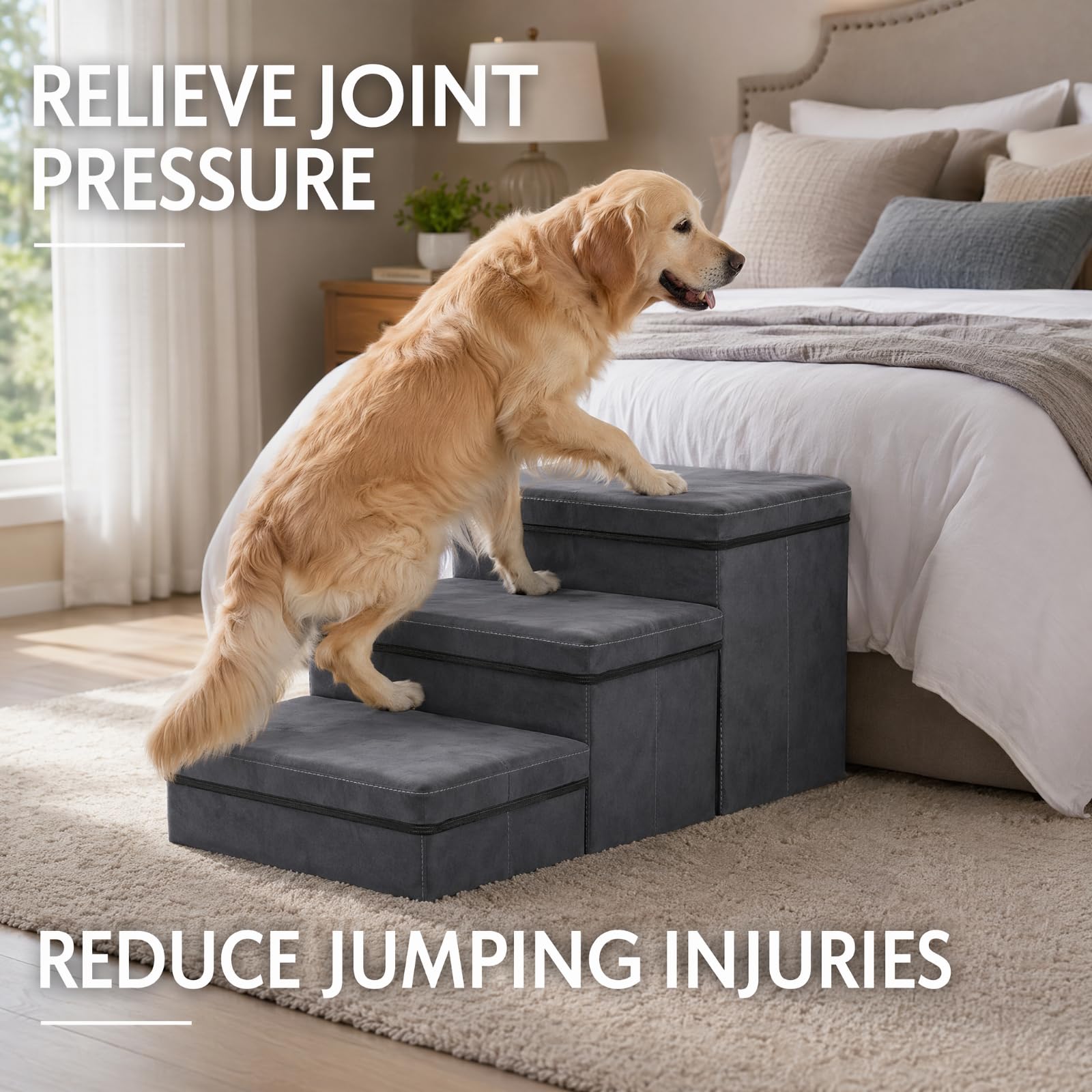 Hundetreppe mit Stauraum, faltbar, 3 Stufen, rutschfeste breite Hunderampe, Haustiertreppe für Bett und Sofa, Haustierleiter für kleine & große Hunde & Katzen (75 × 40 × 30 cm)