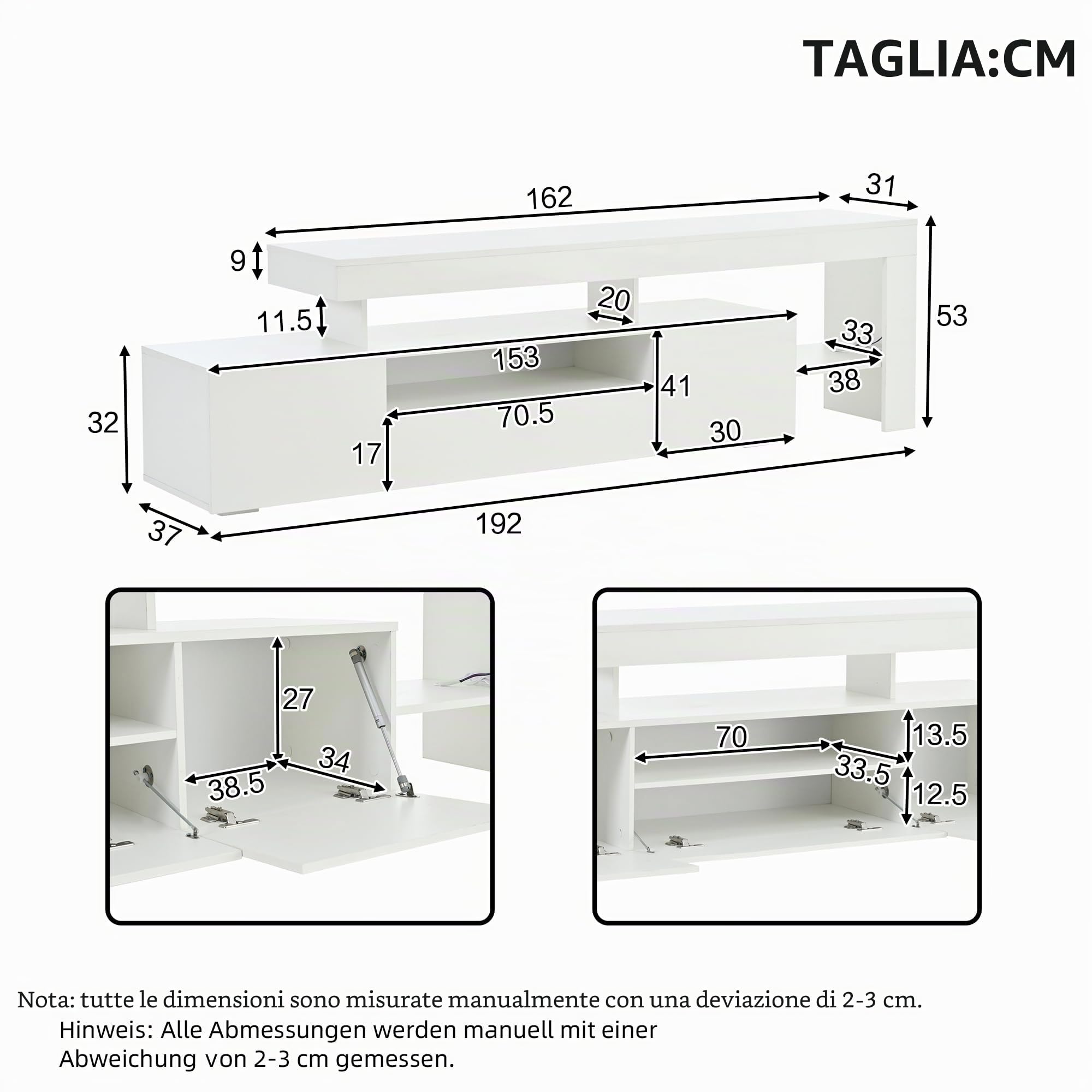 ModernLuxe Mobile Porta TV Bassa 192 * 37 * 53 cm con 3 Ante, con Illuminazione a LED, Tavolo TV Lucidi per 85 Pollici, Mobile Soggiorno Bianco