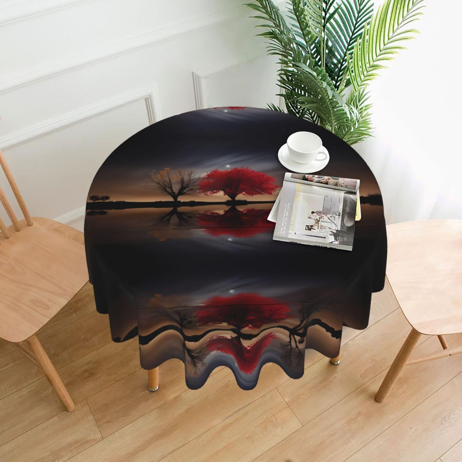 Yyhwhjde Black Red Tree Lake Moon Prints Round Decorative Table Throw 60In – Waterproof Table Cover For Elegant Dining & Outdoor Gatherings