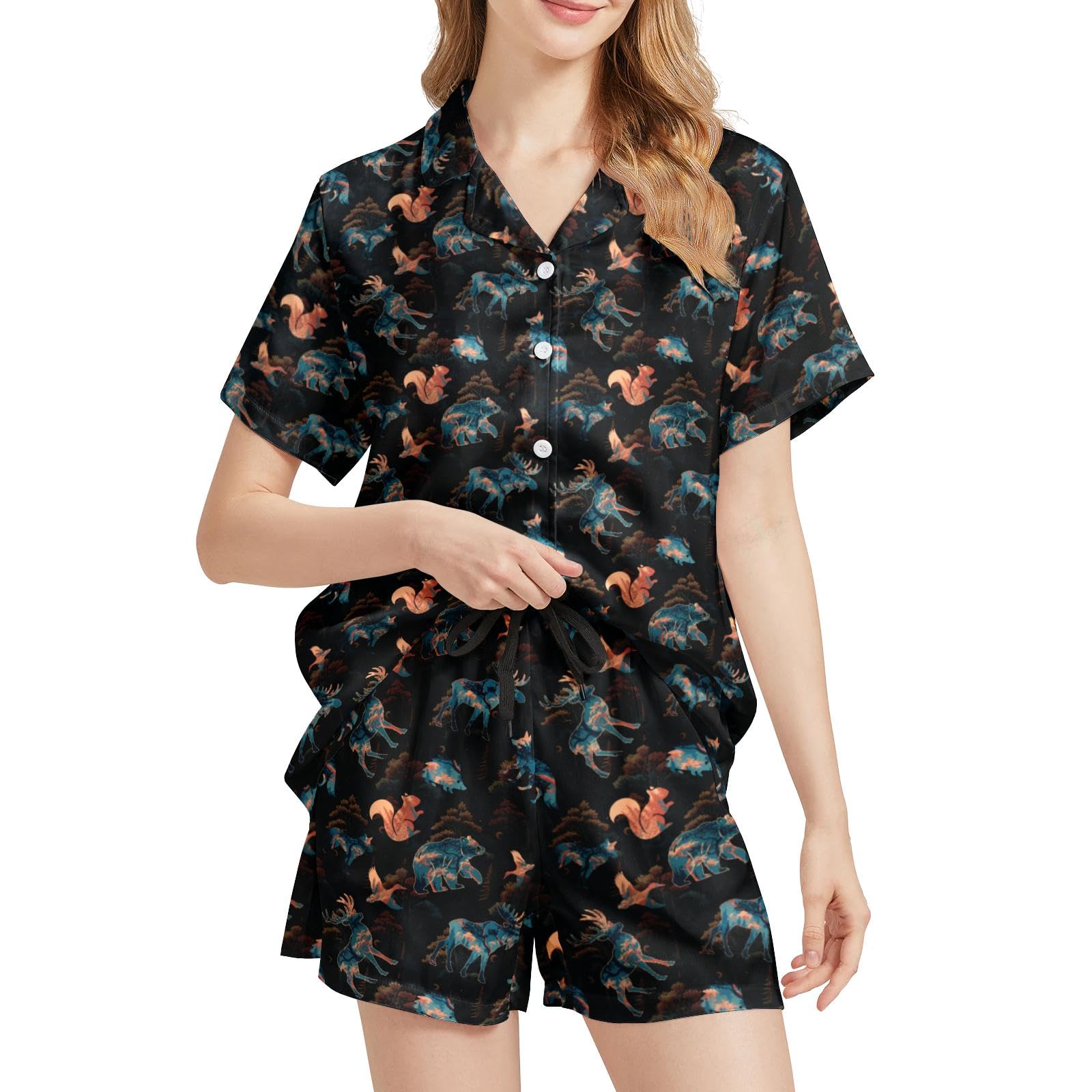 Funny Pajamas for Women Set Print Satin Loungewear Pjs Short Sleeve Button Down Top and Shorts Sets Sleepwear XS-3XL