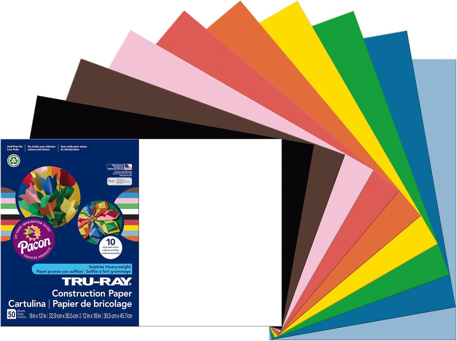 TruRay Construction Paper, 76 lbs., 12 x 18, Assorted, 50 Sheets/Pack
