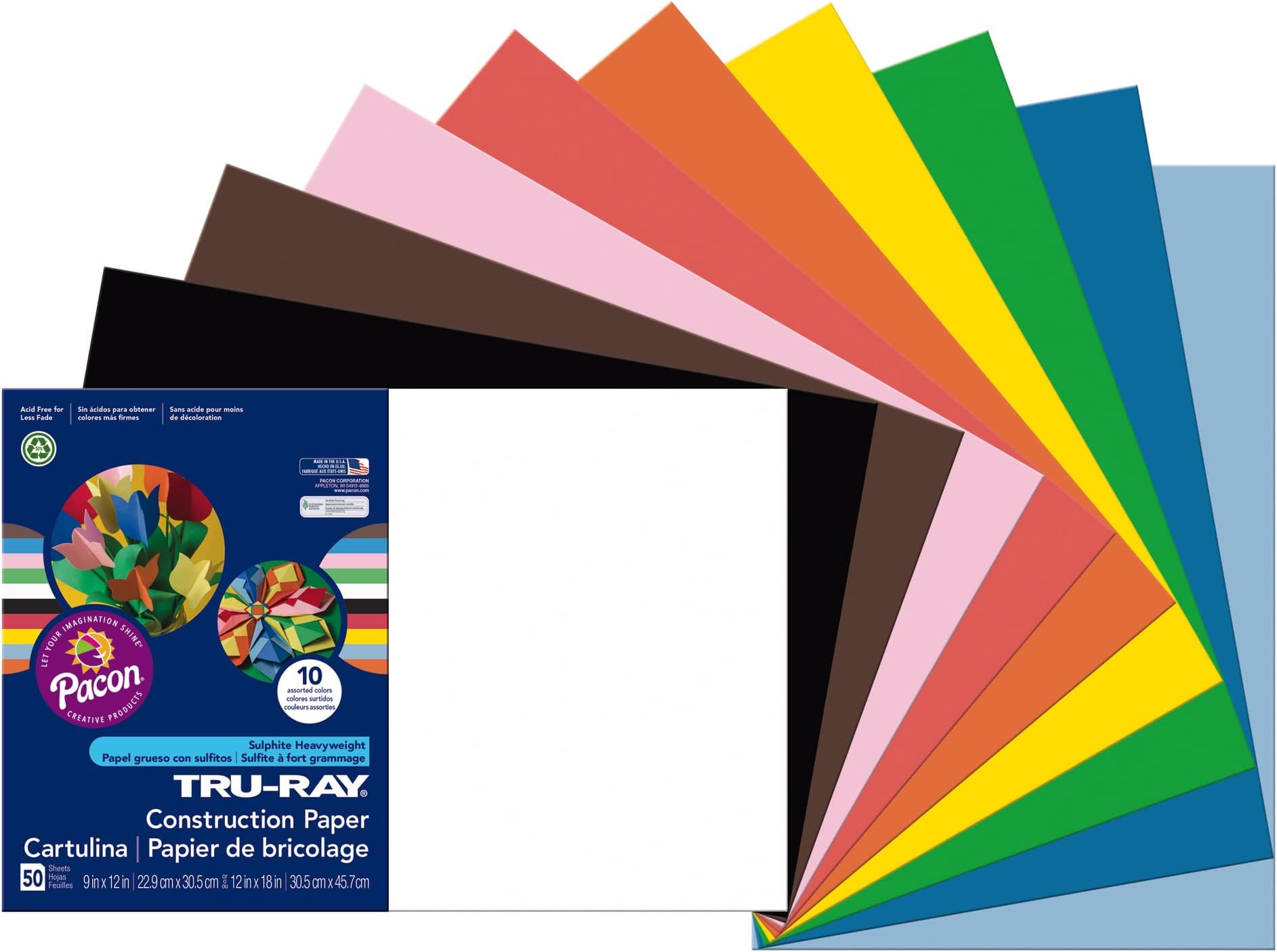 TRU-RAYConstruction Paper, 50% Recycled, Assorted Colors, 12" x 18", Pack Of 50