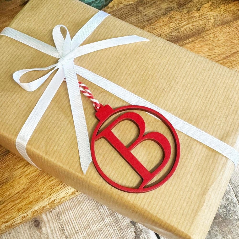 Luck And Luck Red Personalised Initial Tag, Custom Colours Wooden Festive Letter Inital Bauble, Christmas Wooden Letter Tree Decoration, Present Gift Tag