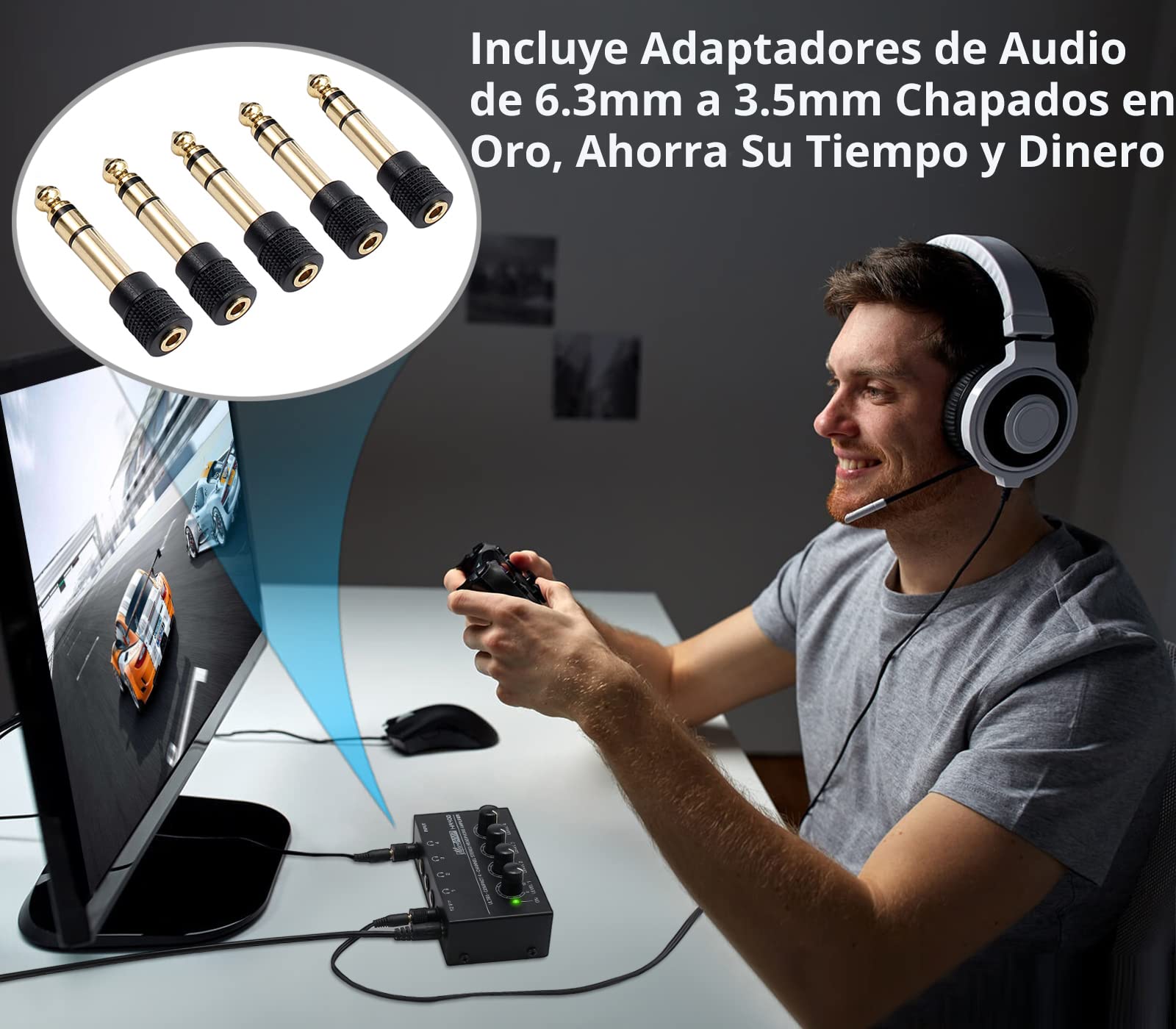 Neoteck Amplificador de Auriculares 4 Canales Ultra-Compacto Estéreo Auricular amp con 5 Piezas de Adaptador 6.35mm (1/4 Inch) a 3.5mm (1/8 Inch) y Adaptador de Energía