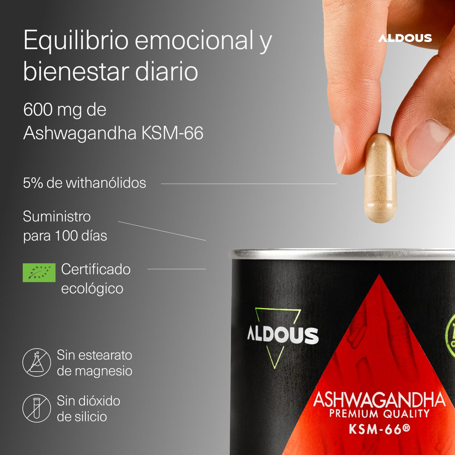 Ashwagandha KSM-66 ® Ecológica - Máxima dosis 600 mg en 1 Cápsula - 100 Días - Sin Aditivos - 100% Pura - Mejora el Estado de Ánimo - Vegano - Sin Plástico - Certificación Ecológica - ALDOUS