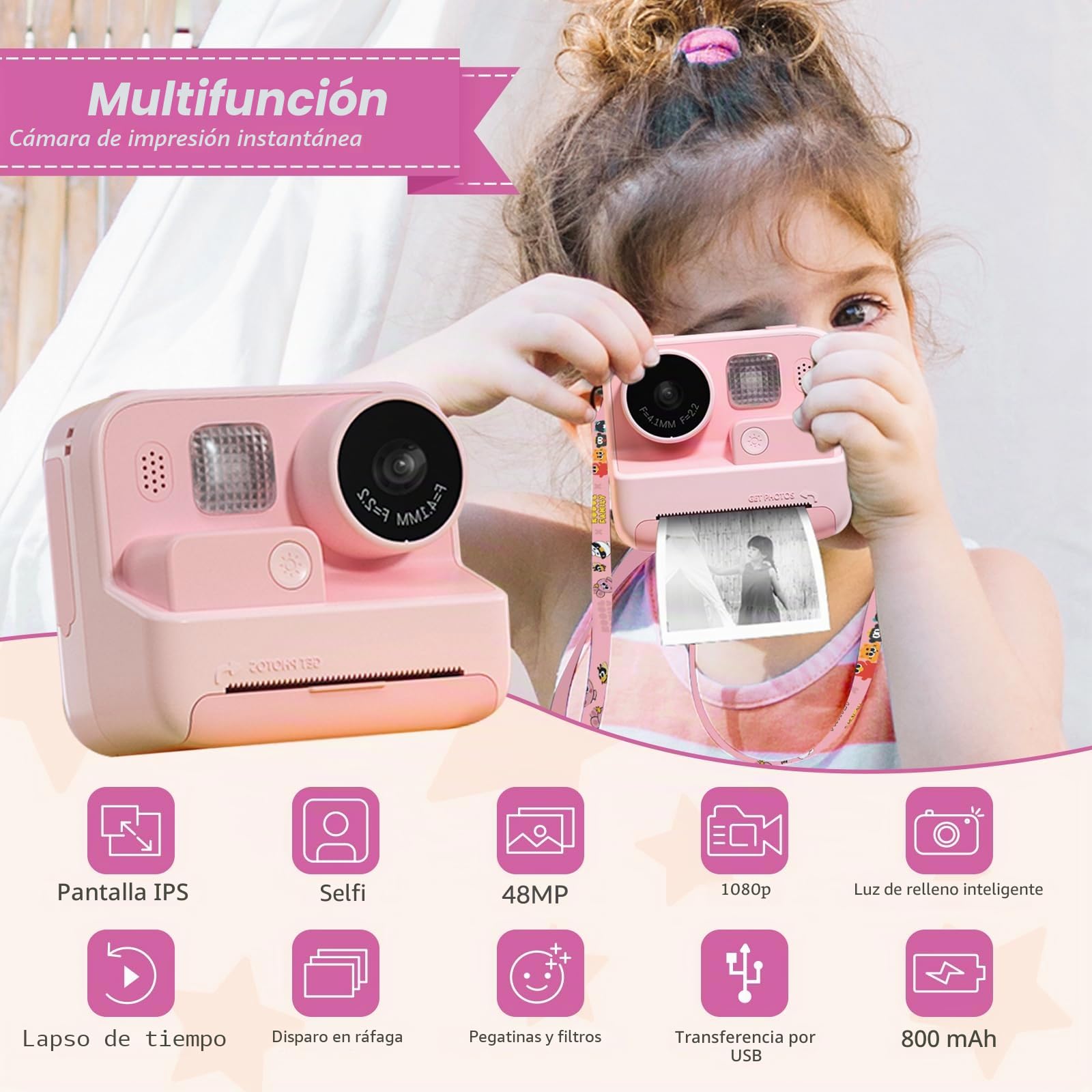 Mafiti Cámara de Fotos y Video Infantil 48MP, Impresión Instantánea, 1080P, Tarjeta 32GB, 3-12 años (Pink)