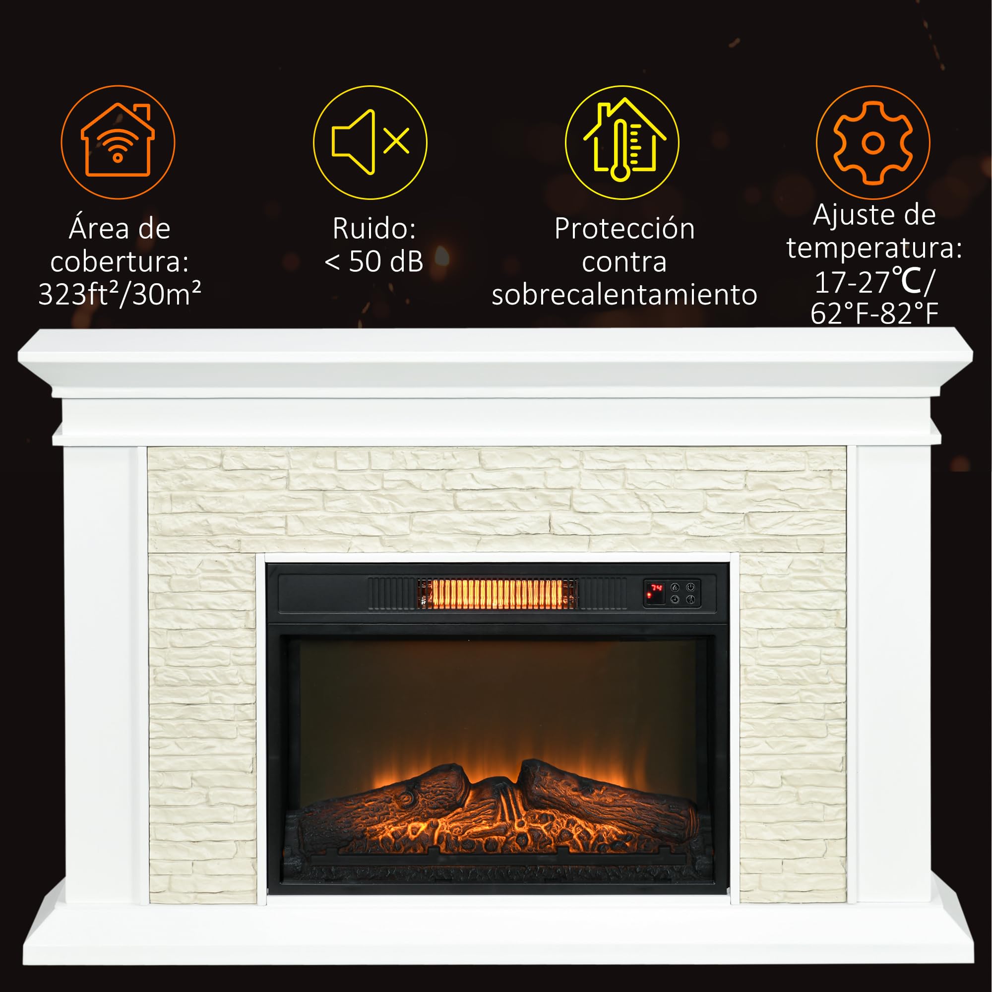 HOMCOM Chimenea Eléctrica con Calefacción 1800W Chimenea Decorativa Bajo Consumo Efecto de Llama Control Remoto Temporizador Semanal y Protección Sobrecalentamiento hasta 30 m² 120x24x80 cm Blanco