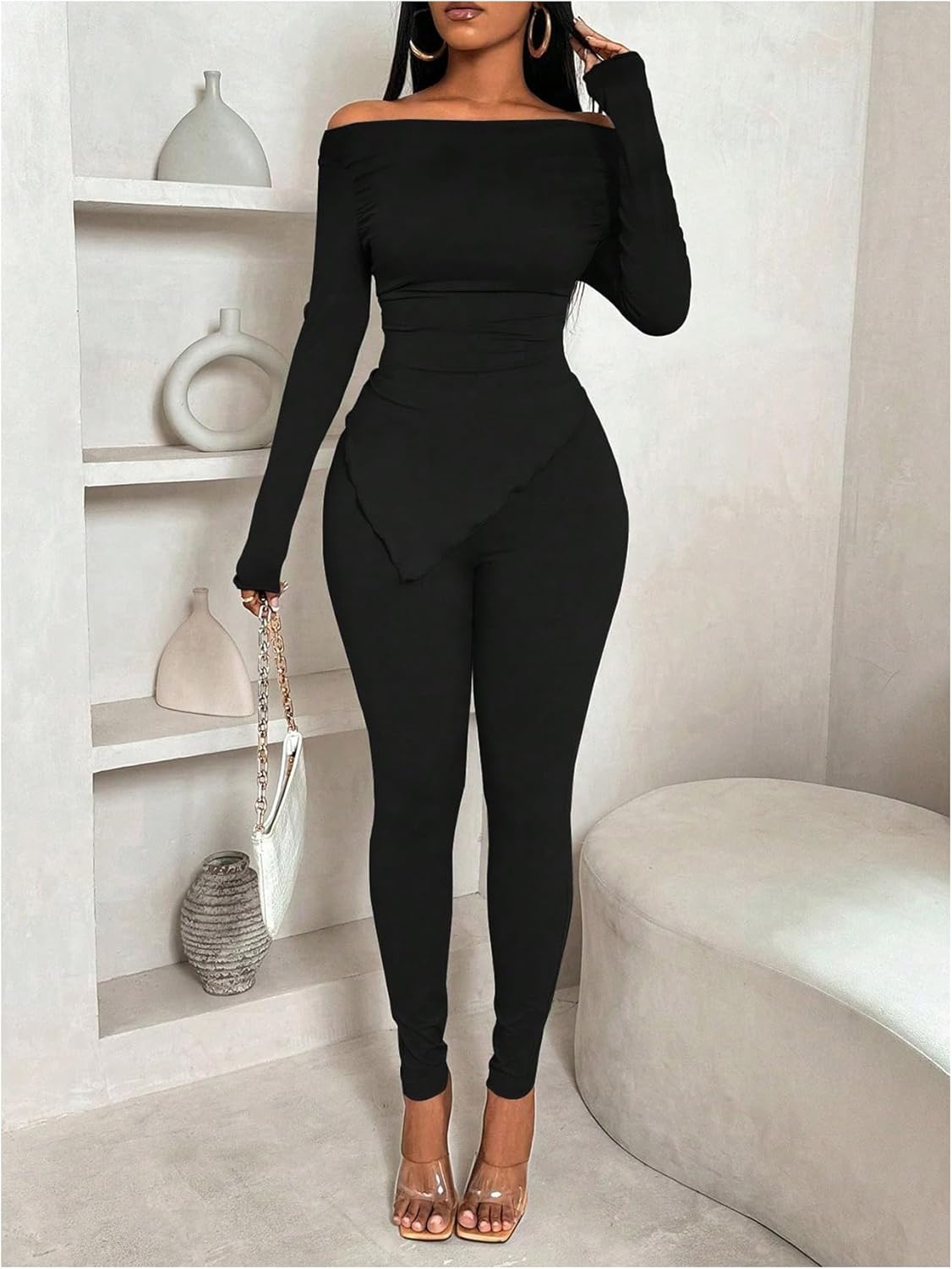 SHENHE Women's 2 Piece Outfits Off Shoulder Long Sleeve Asymmetrical Tops and High Waisted Leggings - Image 5