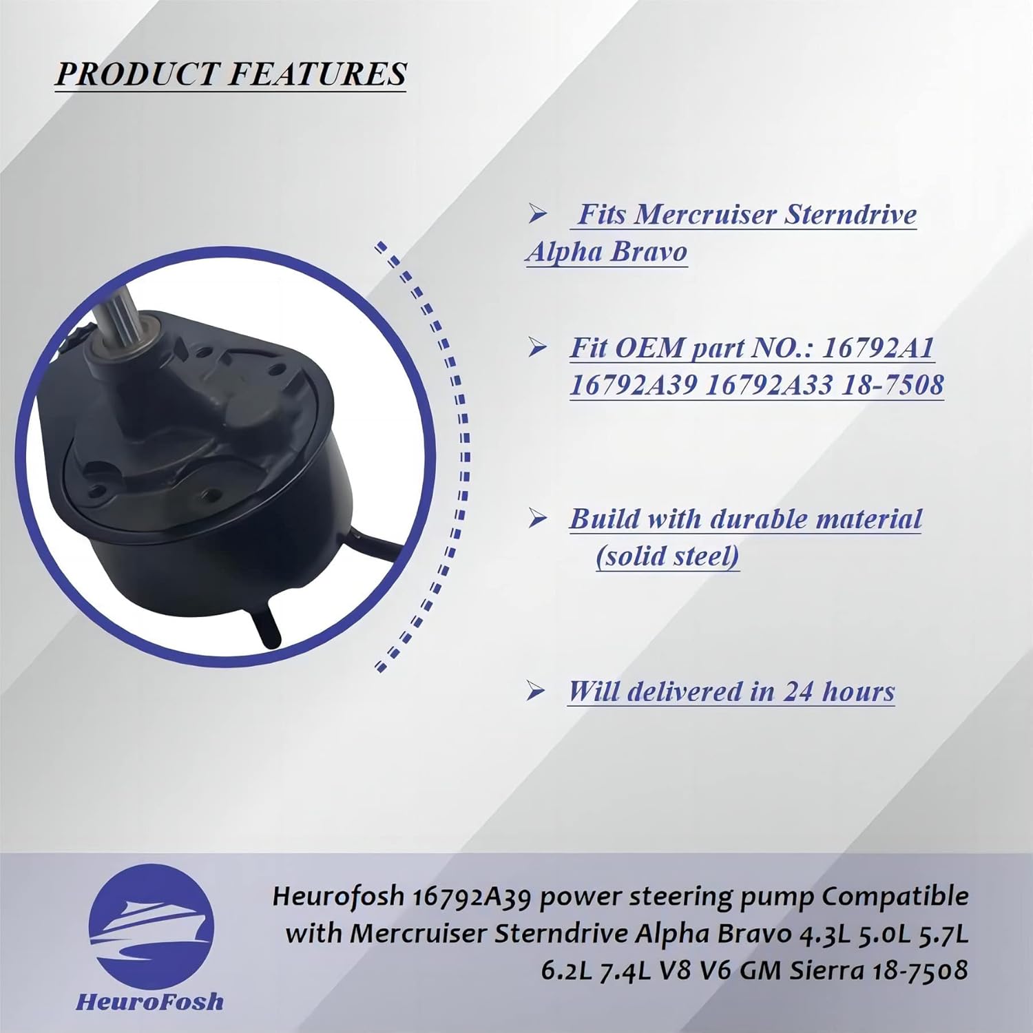 16792A39 power steering pump Compatible with Mercruiser Sterndrive Alpha Bravo 4.3L 5.0L 5.7L 6.2L 7.4L V8 V6 GM Sierra 18-7508