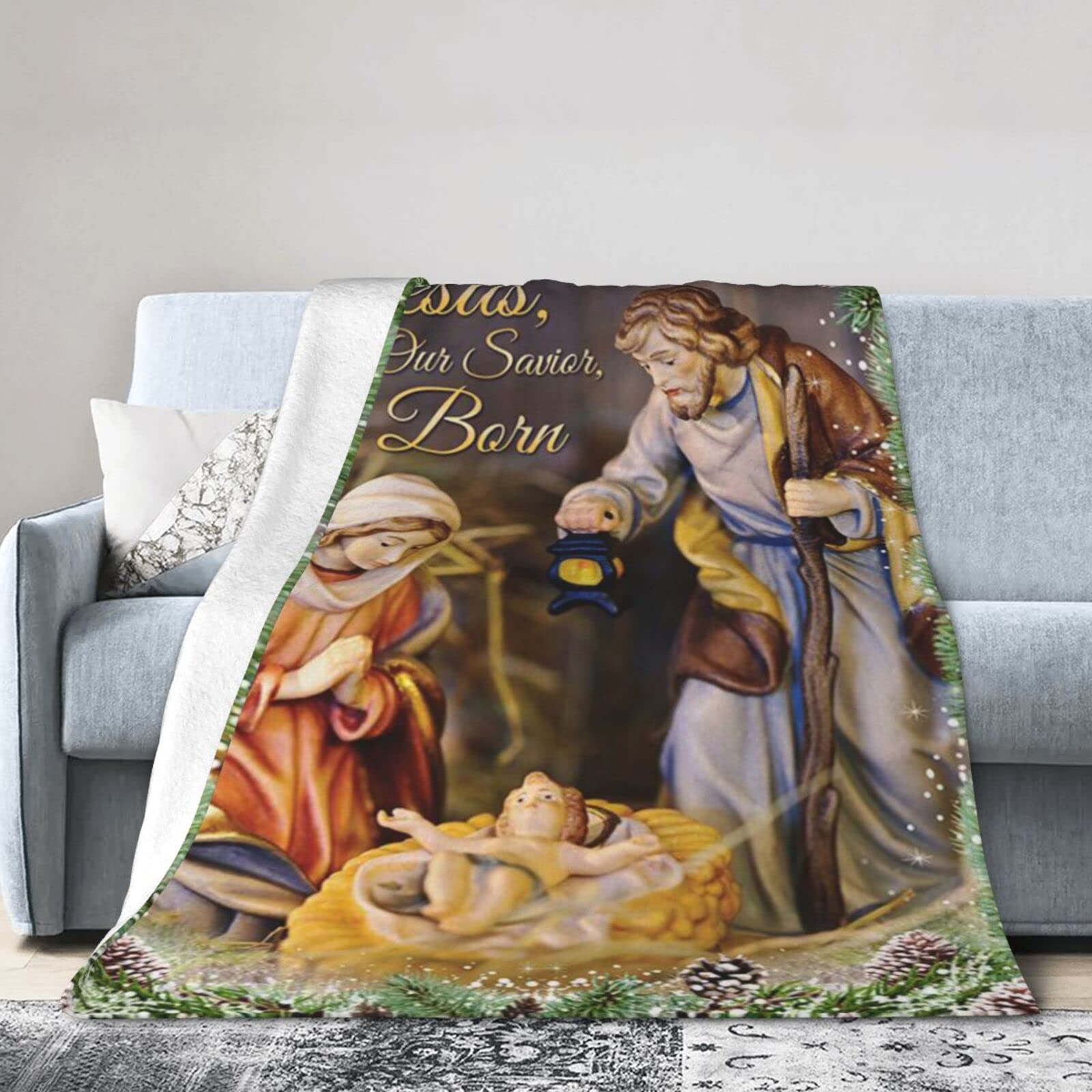 Lsjuee Flannel Fleece Blanket 80"X60" Jesus Our Savior is Born, The Day Jesus was Born Home Decor for Christmas Bed Throw Blanket Weighted Ultra-Soft Travel Winter Blankets for Boys Keep Warm