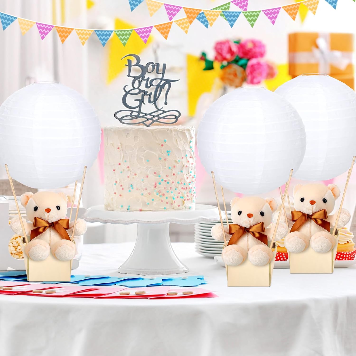 Baquler 12 Sets Baby Shower Hot Air Balloon Table Centerpieces DIY Paper Lanterns Stuffed Plush Bear Wooden Baskets for Wedding Birthday Gender Reveal (Beige White,Solid Style)