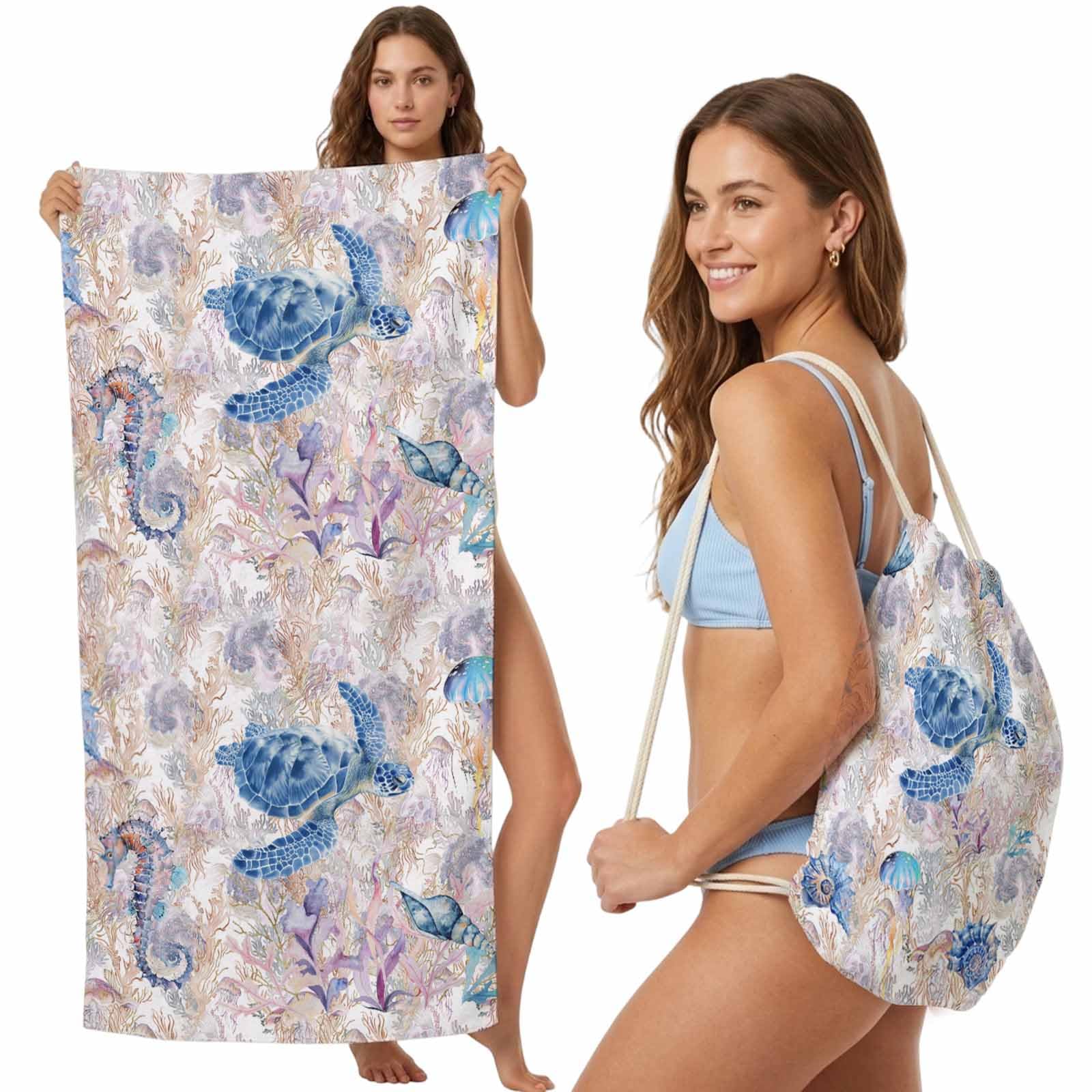 FWJZDSP Beach Towel Backpack Convertible Sea Turtle Seahorse Sand Free Quick Dry Towel Bag Jellyfish Watercolor Beach Towel with Adjustable Straps for Travel Swimming Pool Beach Accessories 31.5x63in