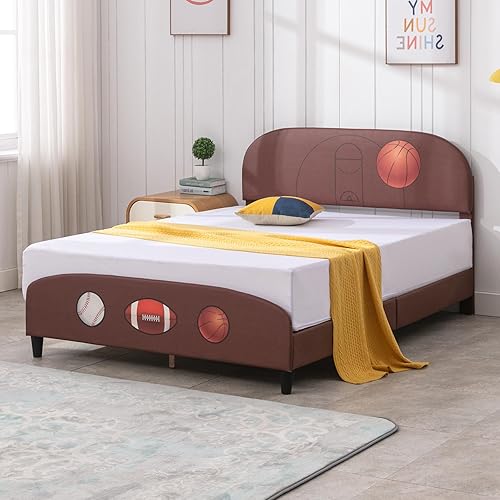 Zafly - Marco de cama matrimonial para niños, marco de cama tapizado de madera con soporte de listones, marco de cama para niños con cabecera