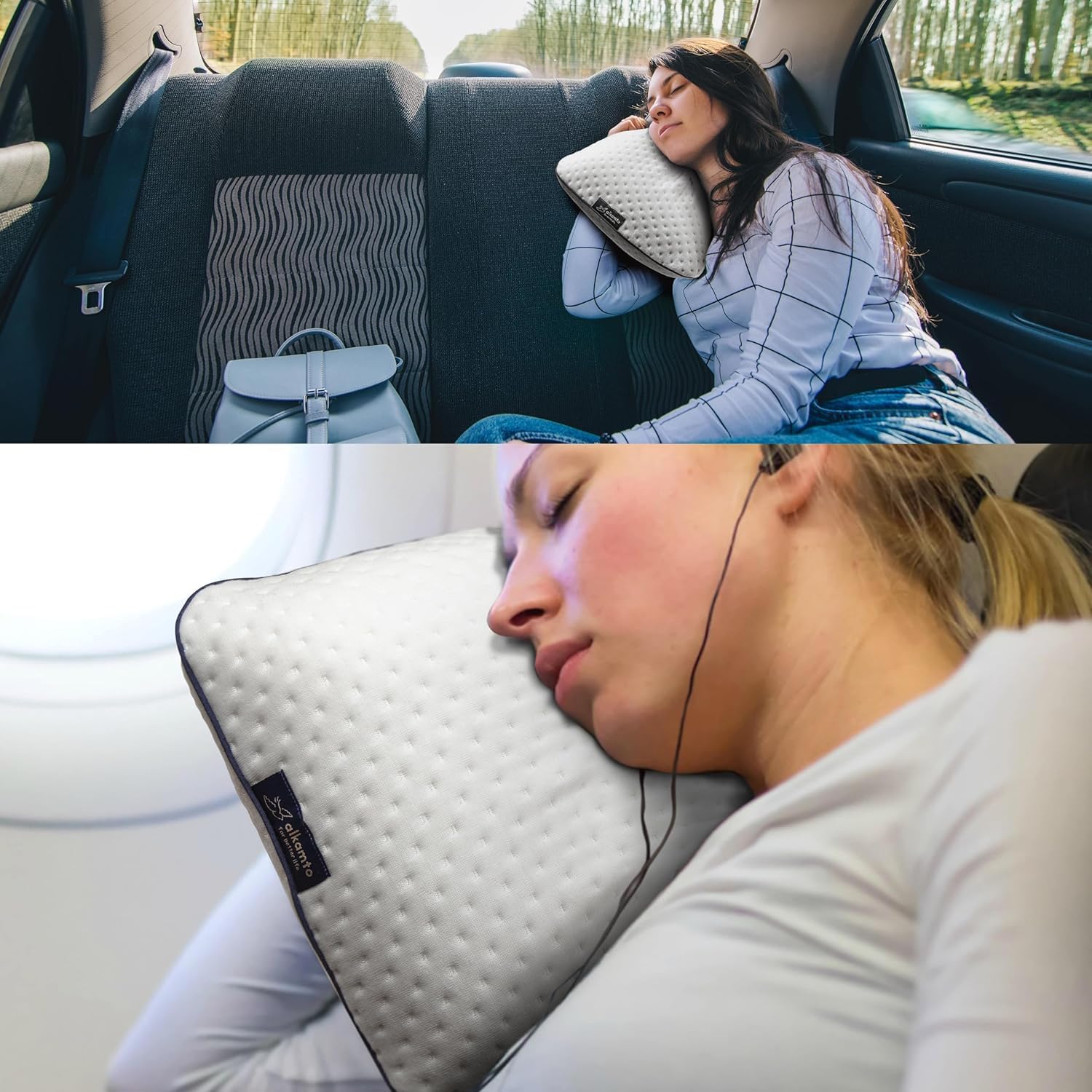 alkamto Poduszka podróżna, poduszka kempingowa, ergonomiczna poduszka z pianki memory z poszewką regulującą temperaturę, Öko-Tex, wyprodukowana w kolorze zielonym